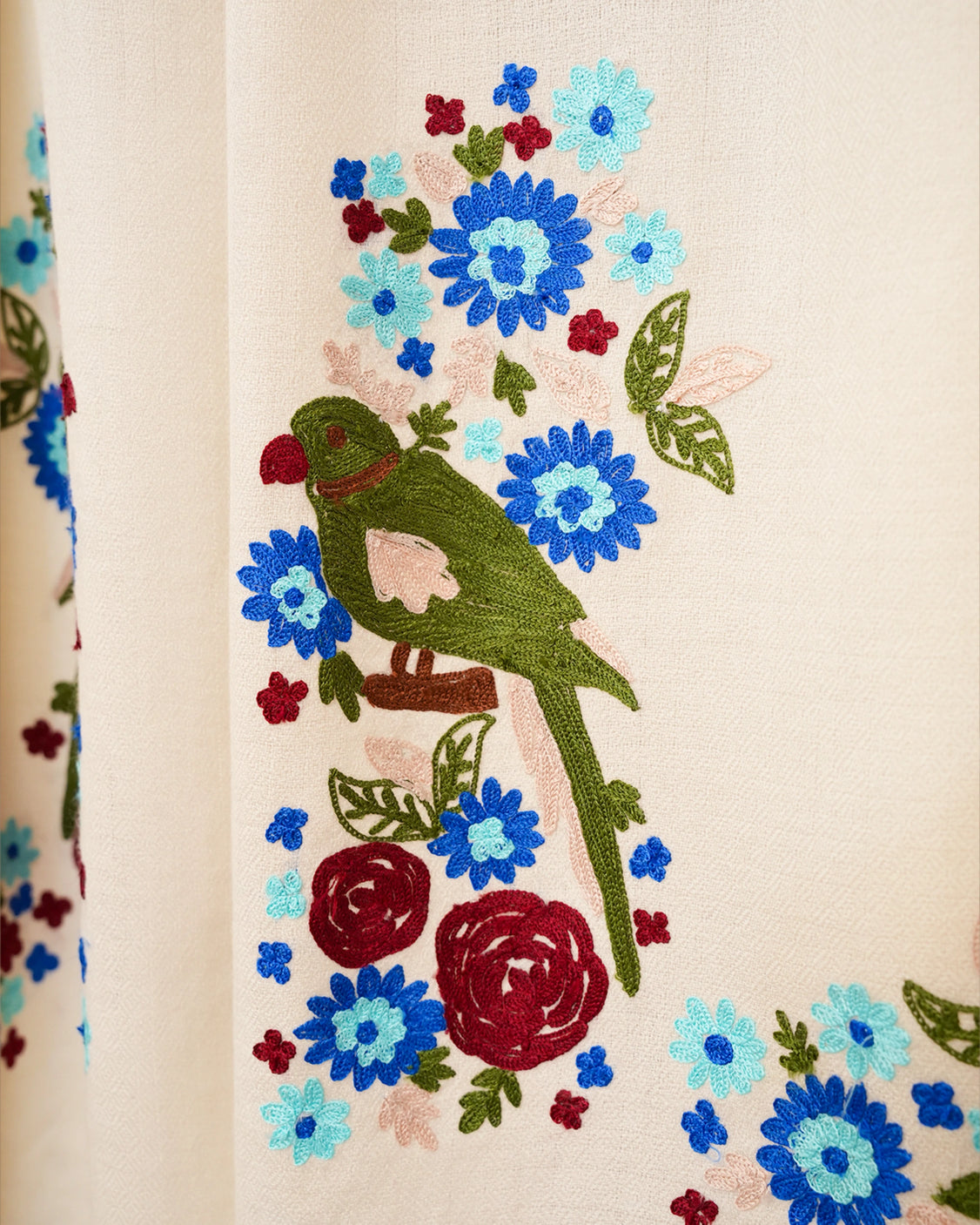 Off White Pure Pashmina Embroidered Scarf - Panchtantra Parrots