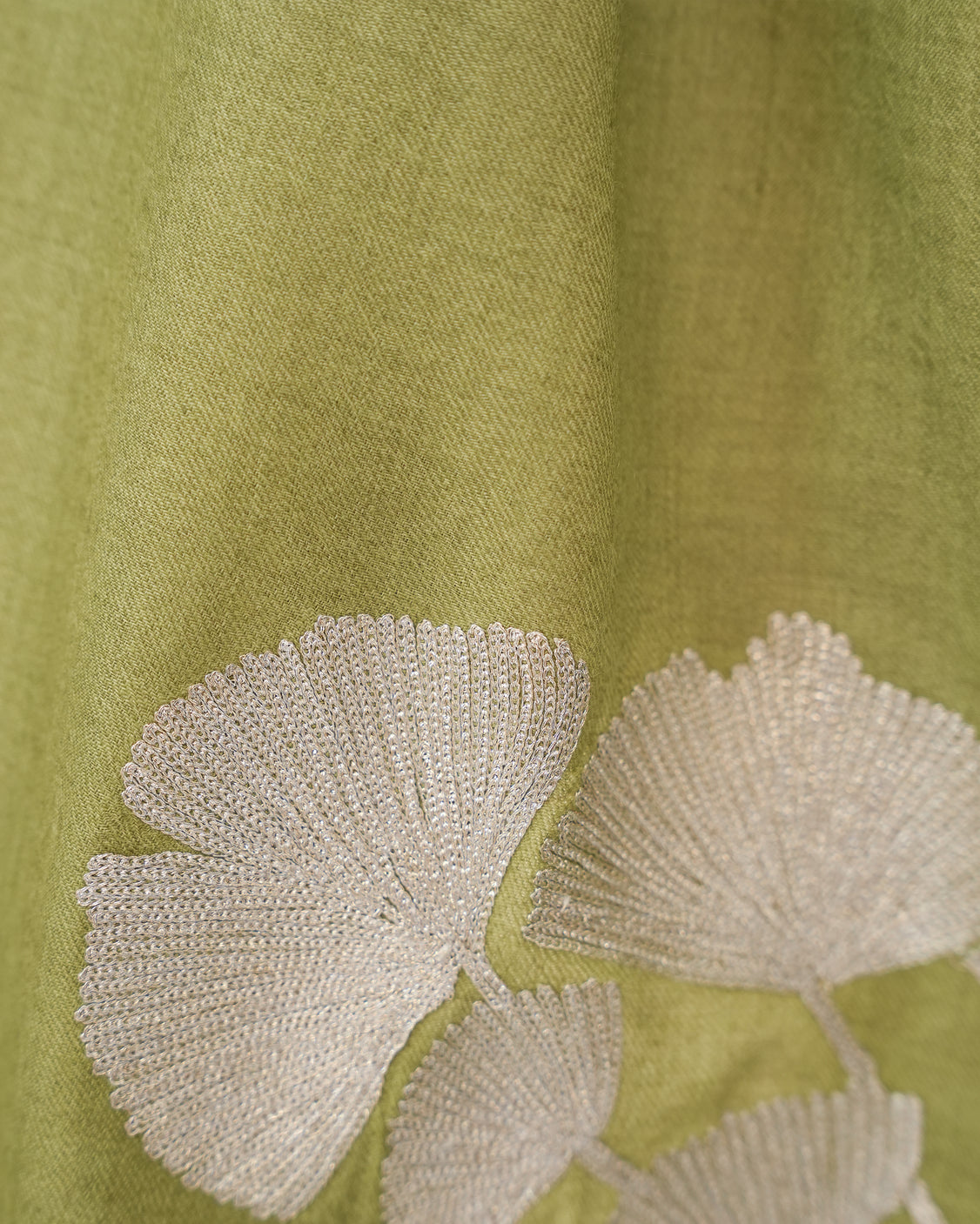 Sea Weed Sage Green Fine Wool Embroidered Scarf