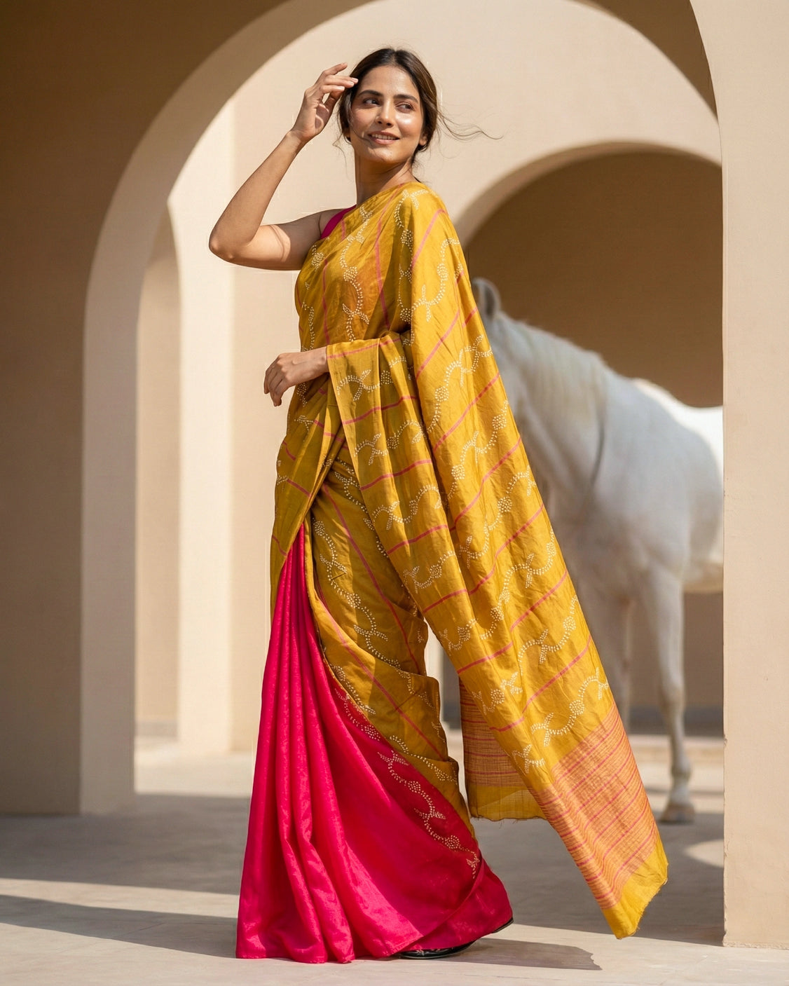 Honey Fuchsia Real Silver Block Print Silk Saree