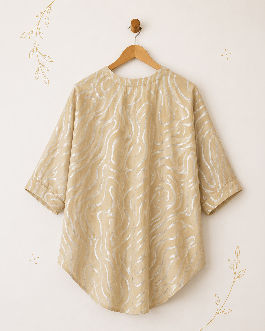 Beige Abstract Wave Silver Printed Cotton Shirt