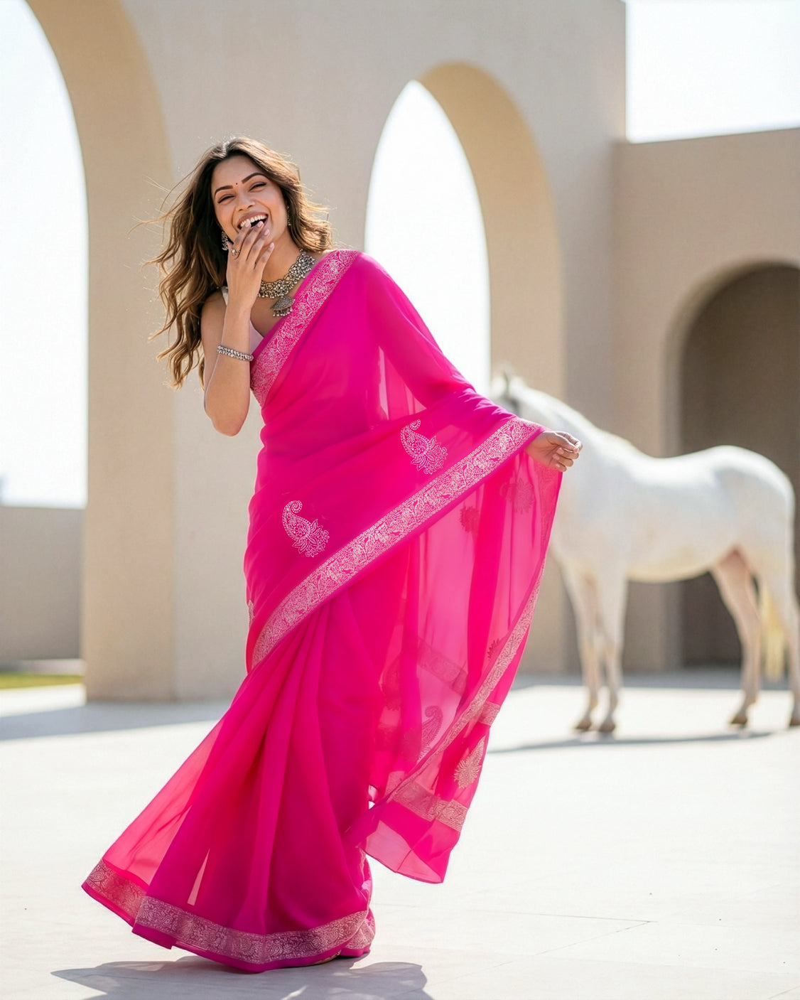 Rose Real Silver in Organic Crepe Saree
