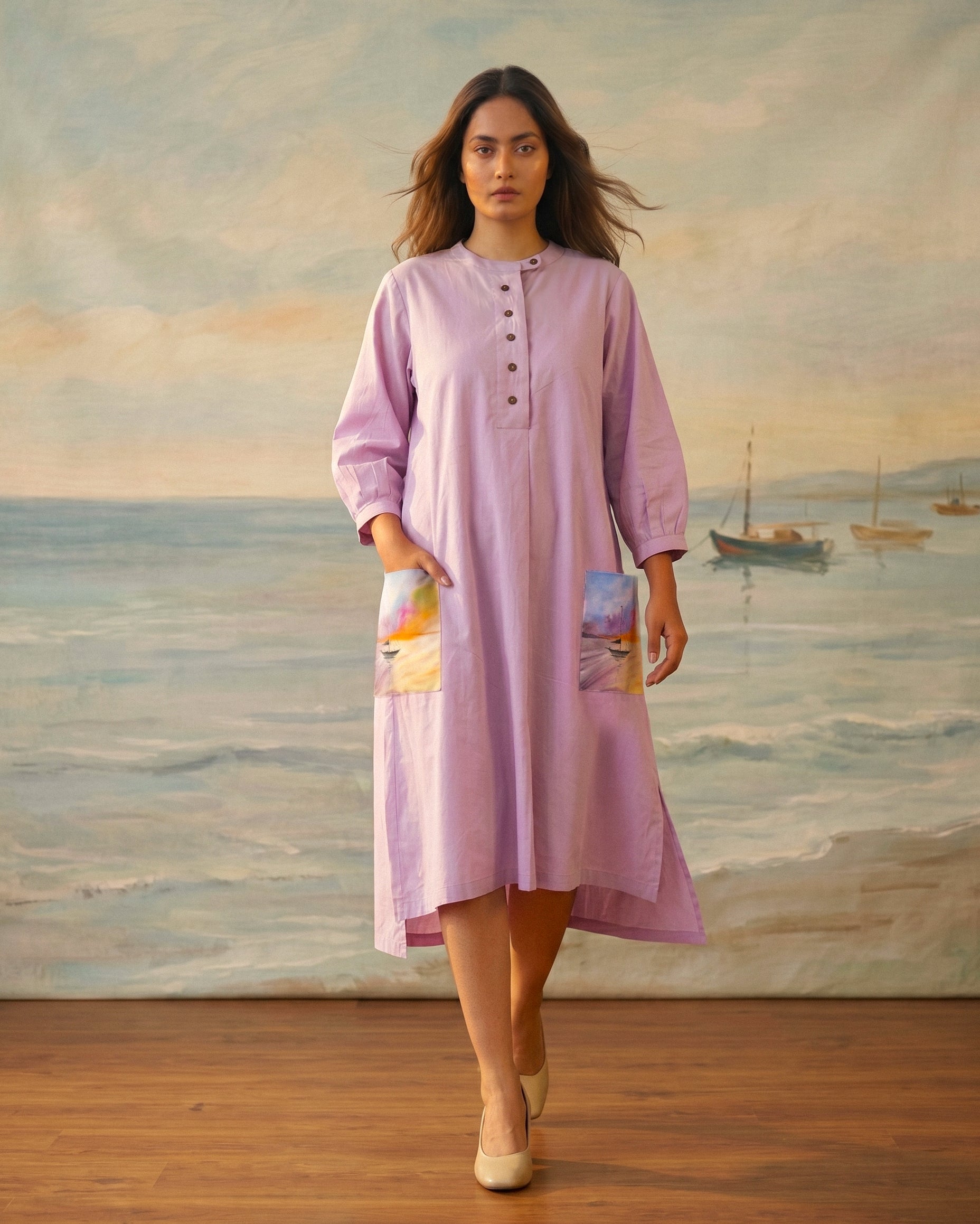 Lilac Cotton Handpainted Pocket Dress