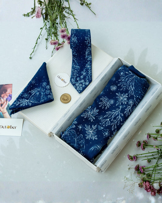 Blue Hand-Painted Chanderi Silk Scarf & Pure Pashmina Tie & Pocket Square Gift Set