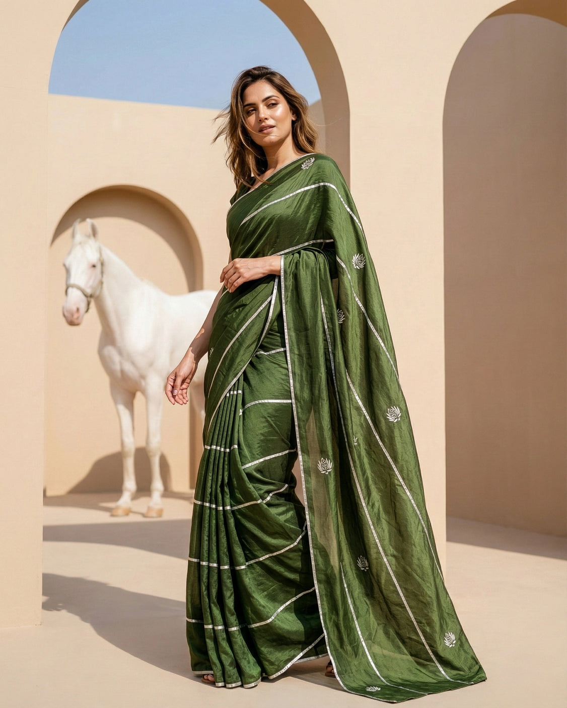 Sage Stripe Real Silver Silk Saree