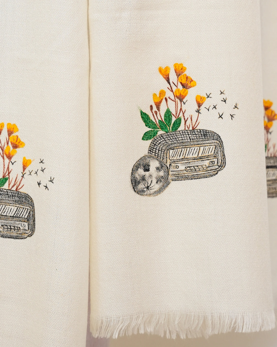 Off White Pure Pashmina Radio Hand Painted Scarf