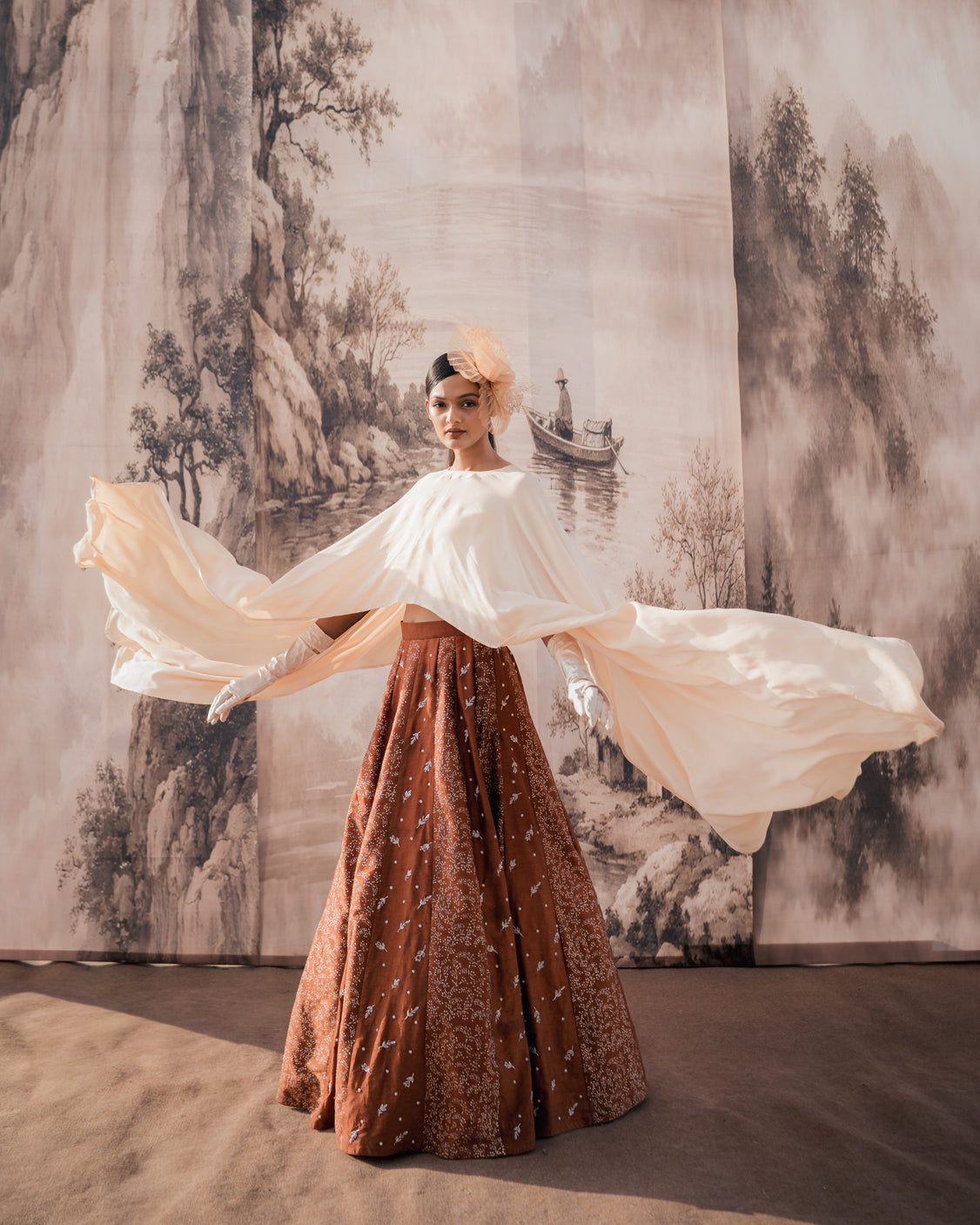 Chocolate Beige Silver Printed & Embroidery Skirt & Cape
