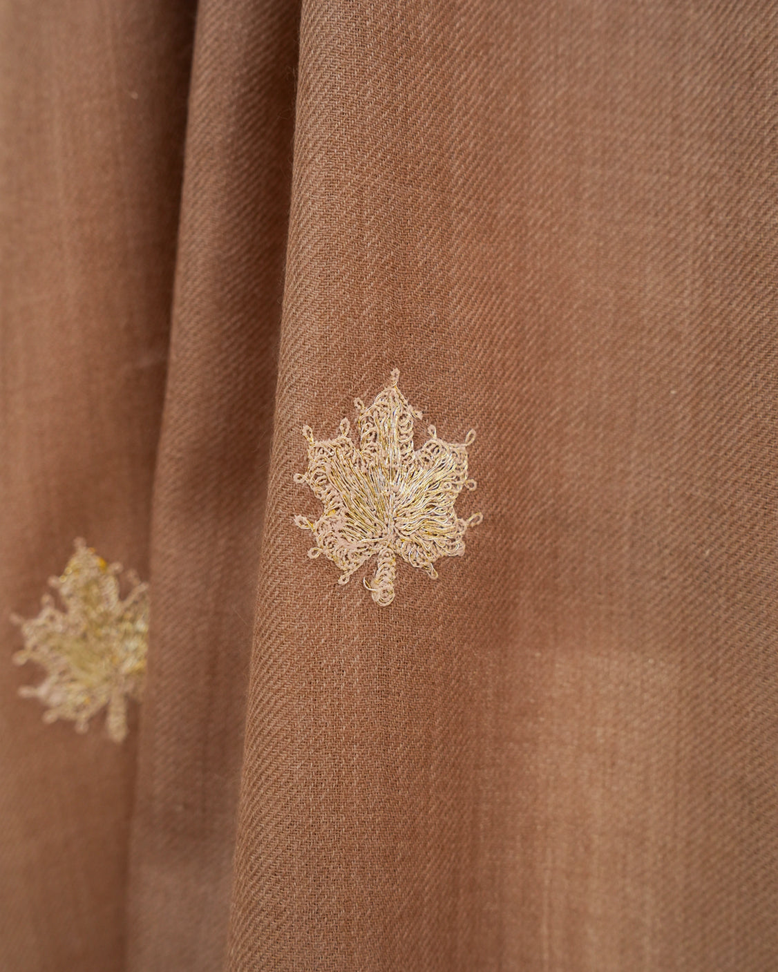Brown Toosh Natural Chinar Patta Embroidered Pure Pashmina Scarf
