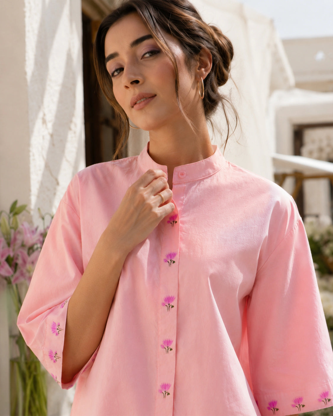 Blush Lotus Handpainted Cotton Shirt With Band Neck Collar