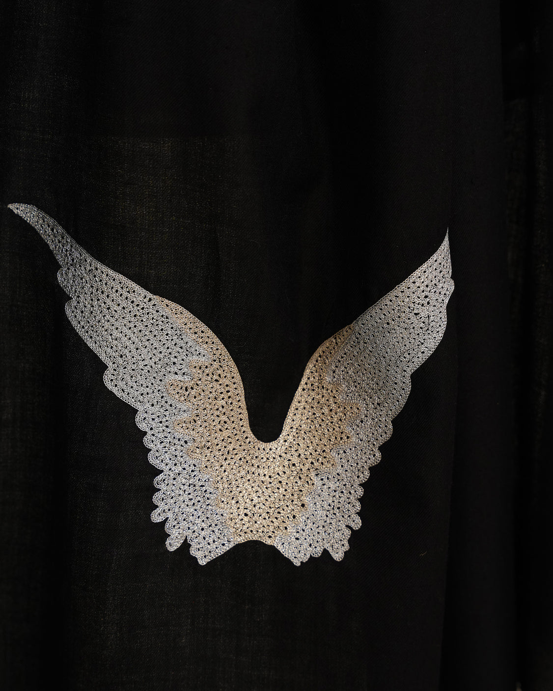 Black Wings Embroidered Fine Wool Scarf