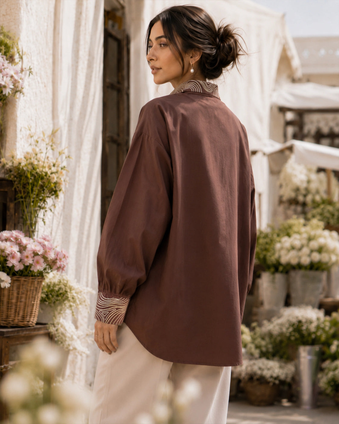 Mocha Wave Handpainted Oversized Cotton Shirt