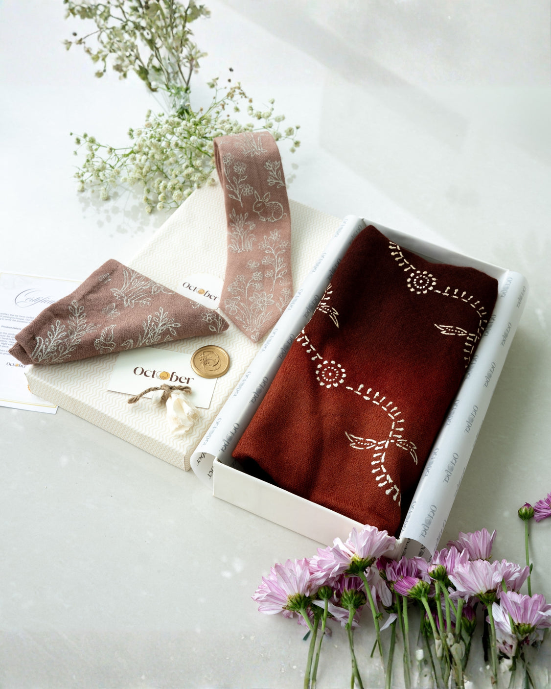 Dusty & Brown Real Silver Printed Scarf & Handpainted Pure Pashmina Tie & Pocket Square Set