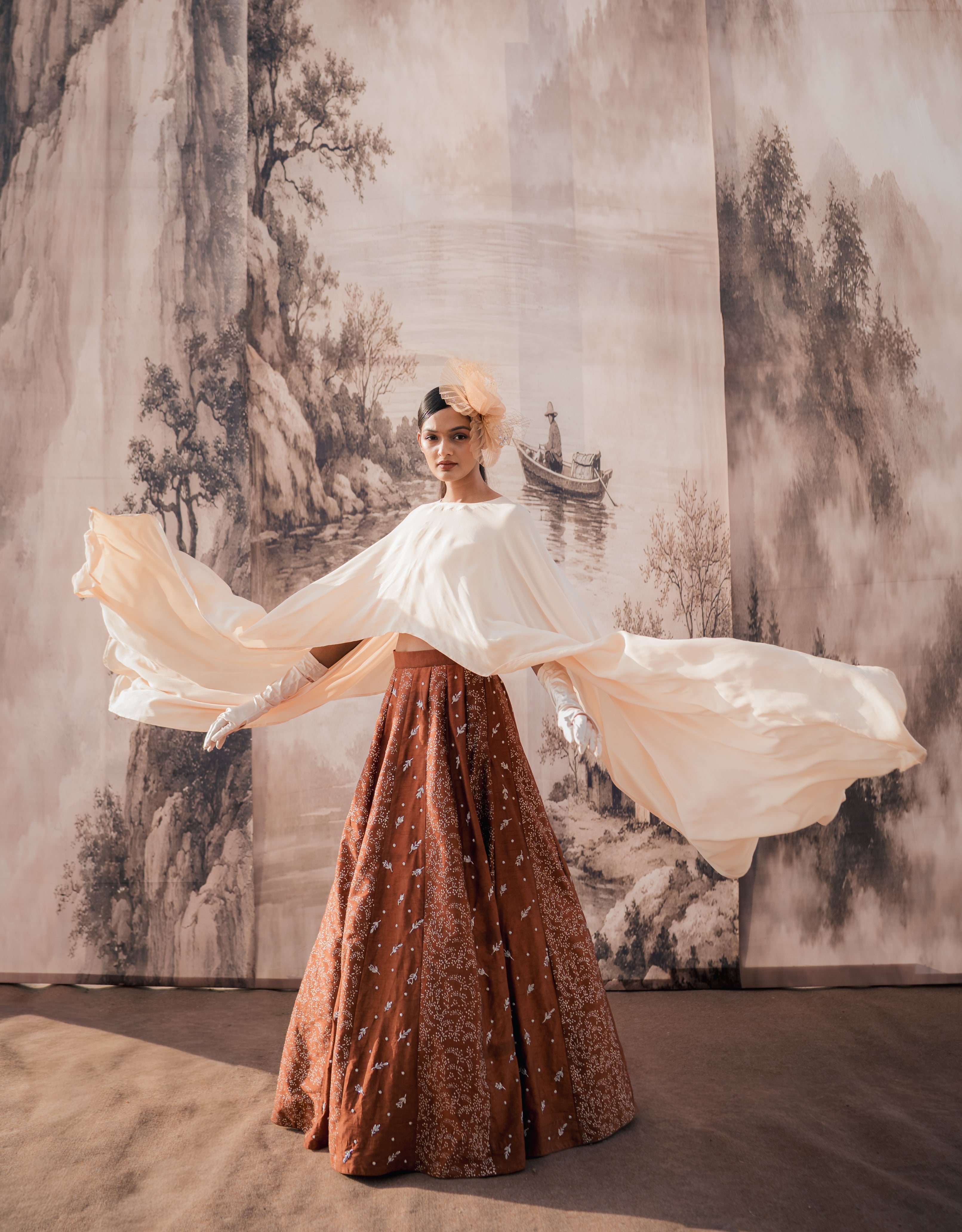 Chocolate Beige Silver Printed & Embroidery Skirt & Cape
