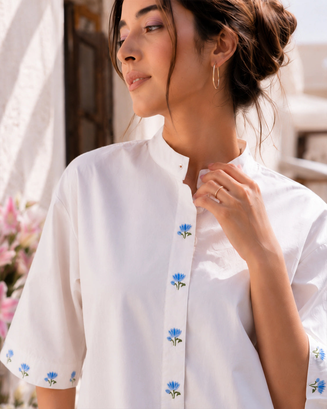 Ivory Blue Lotus Handpainted Cotton Shirt With Band Neck
