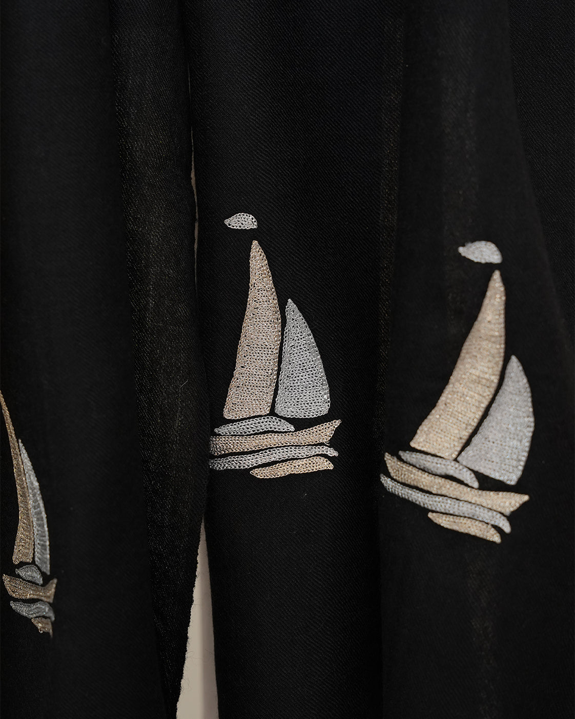 Yatch Party Fine Wool Black Embroidered Scarf