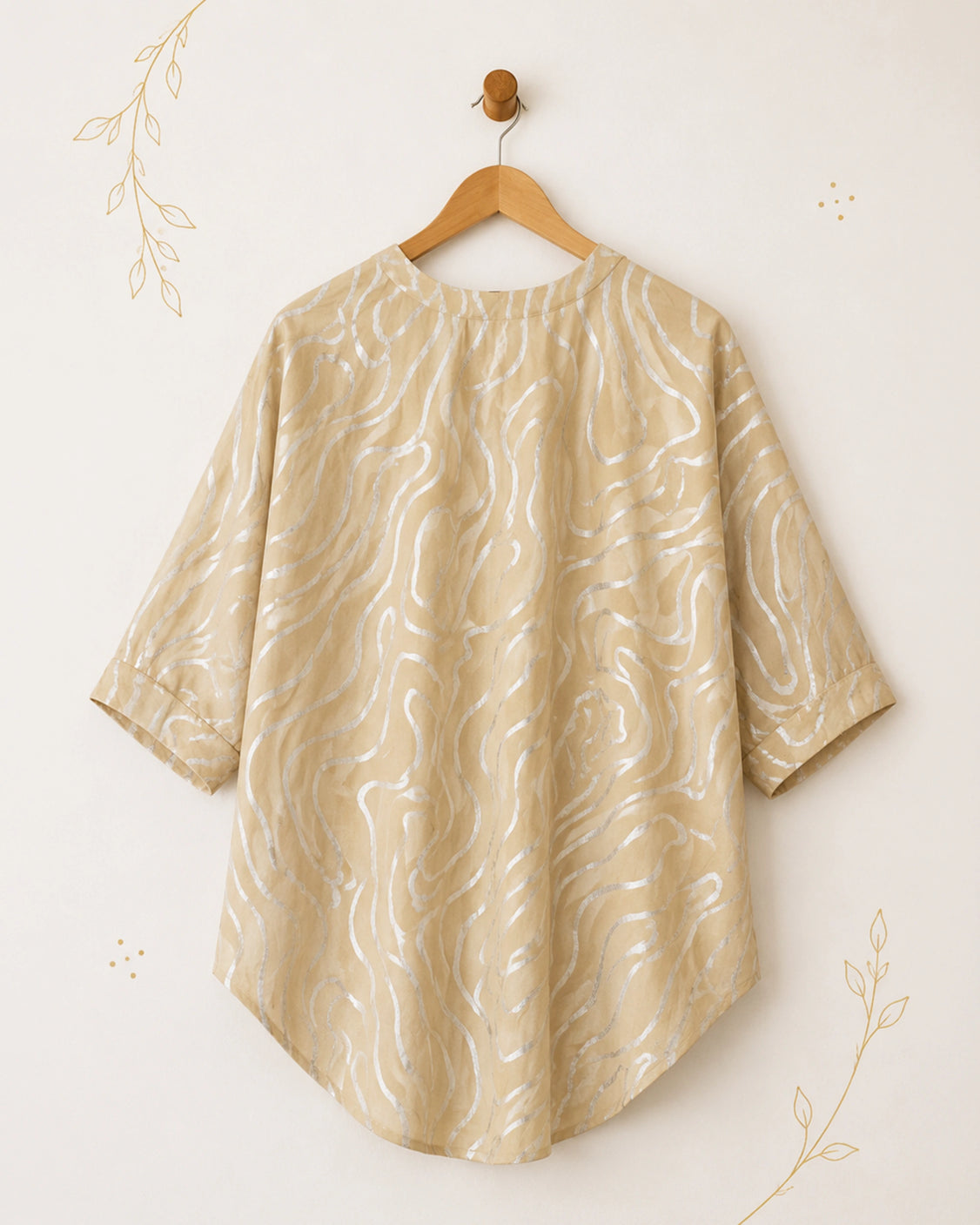 Beige Abstract Wave Silver Printed Cotton Shirt