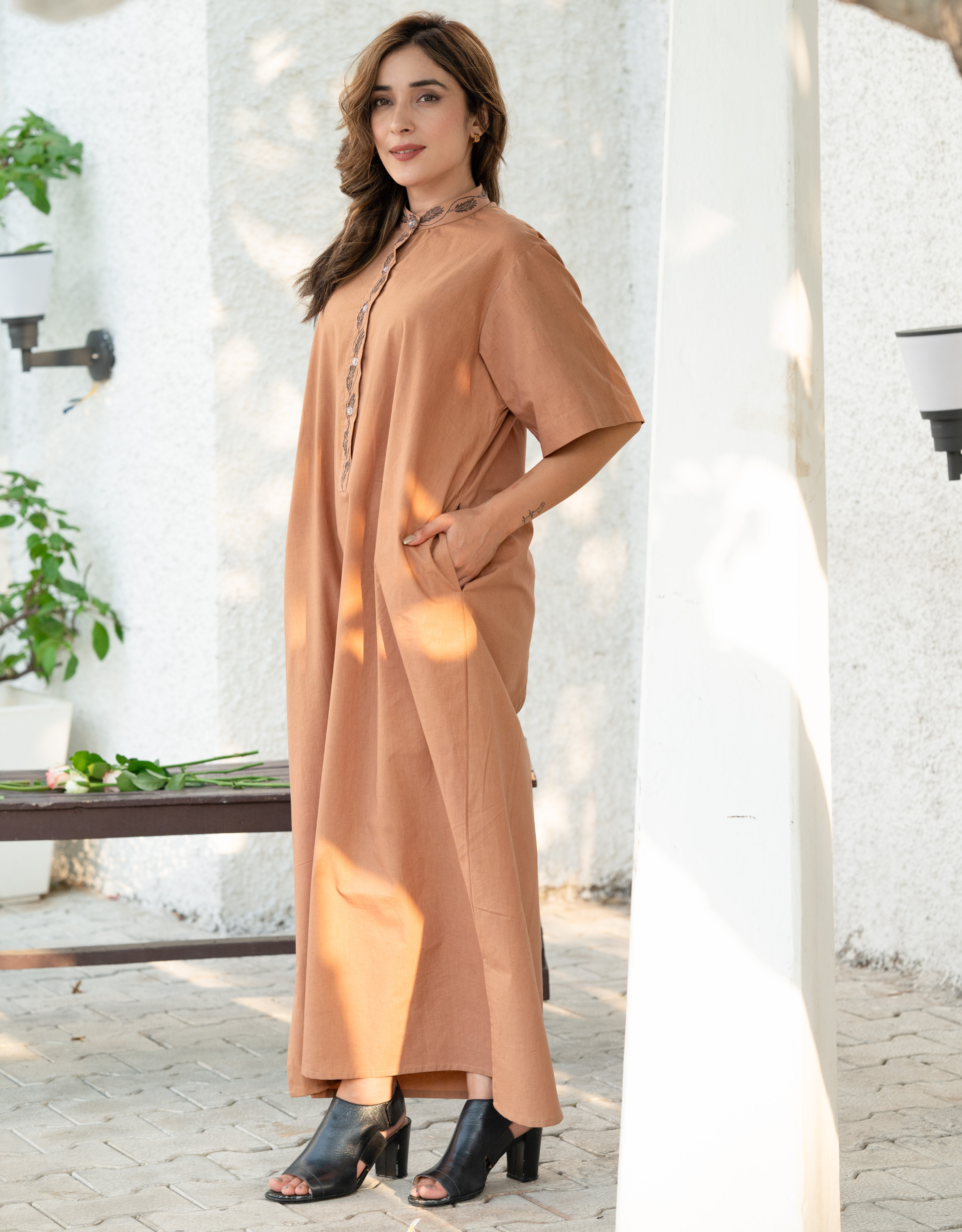 Coffee Caramel Handpainted Straight Cotton Dress