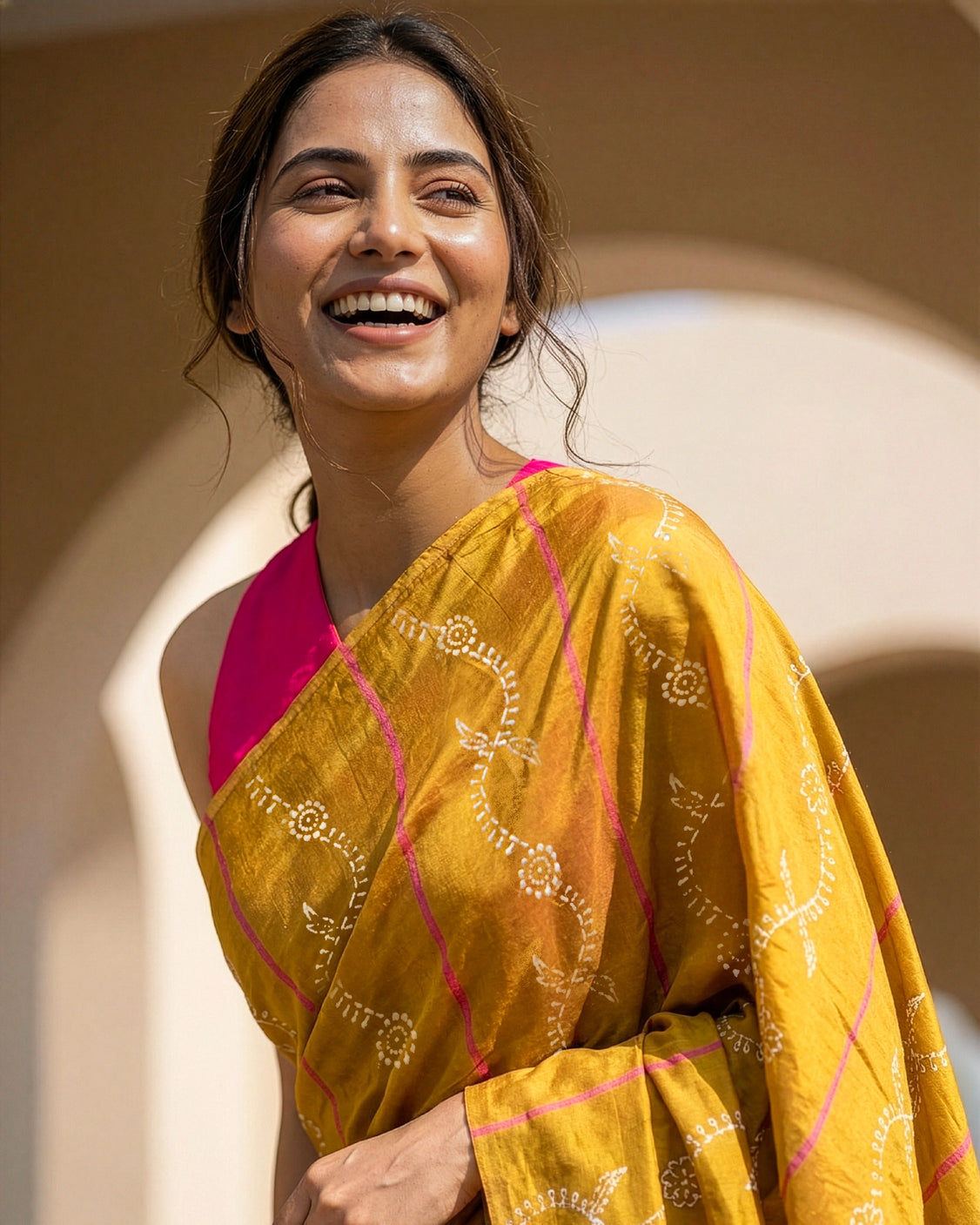 Honey Fuchsia Real Silver Block Print Silk Saree