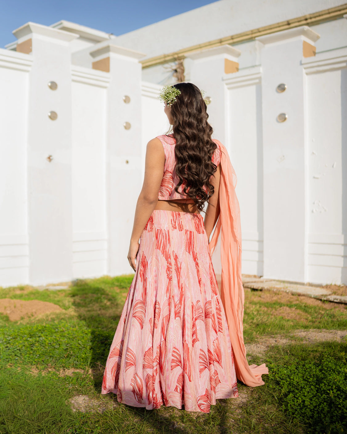 Peachy Embroidery & Handpainted Lehenga Saree Set