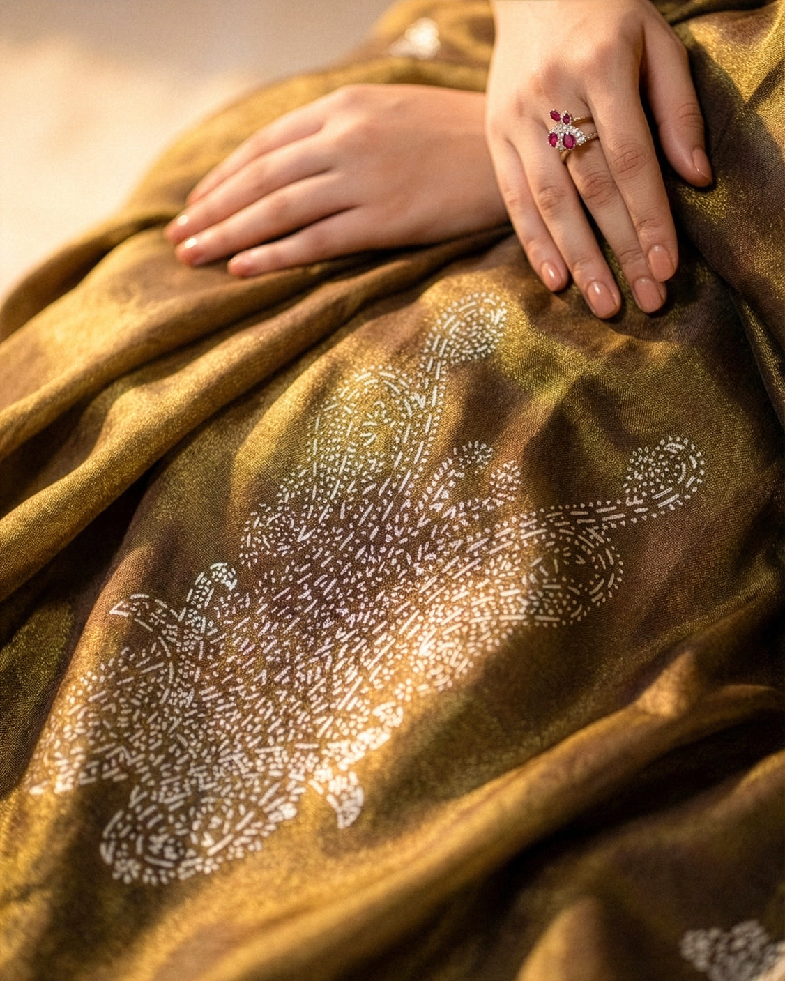 Caramel Gold Real Silver Saree in Tissue Silk