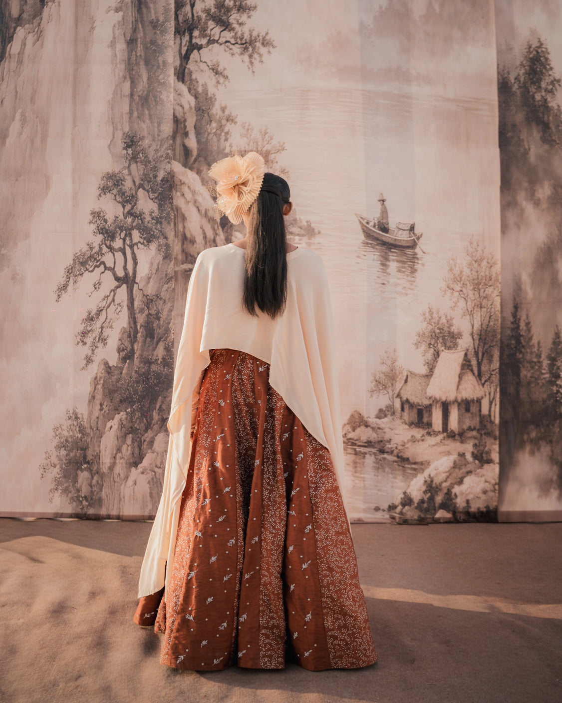 Chocolate Beige Silver Printed & Embroidery Skirt & Cape