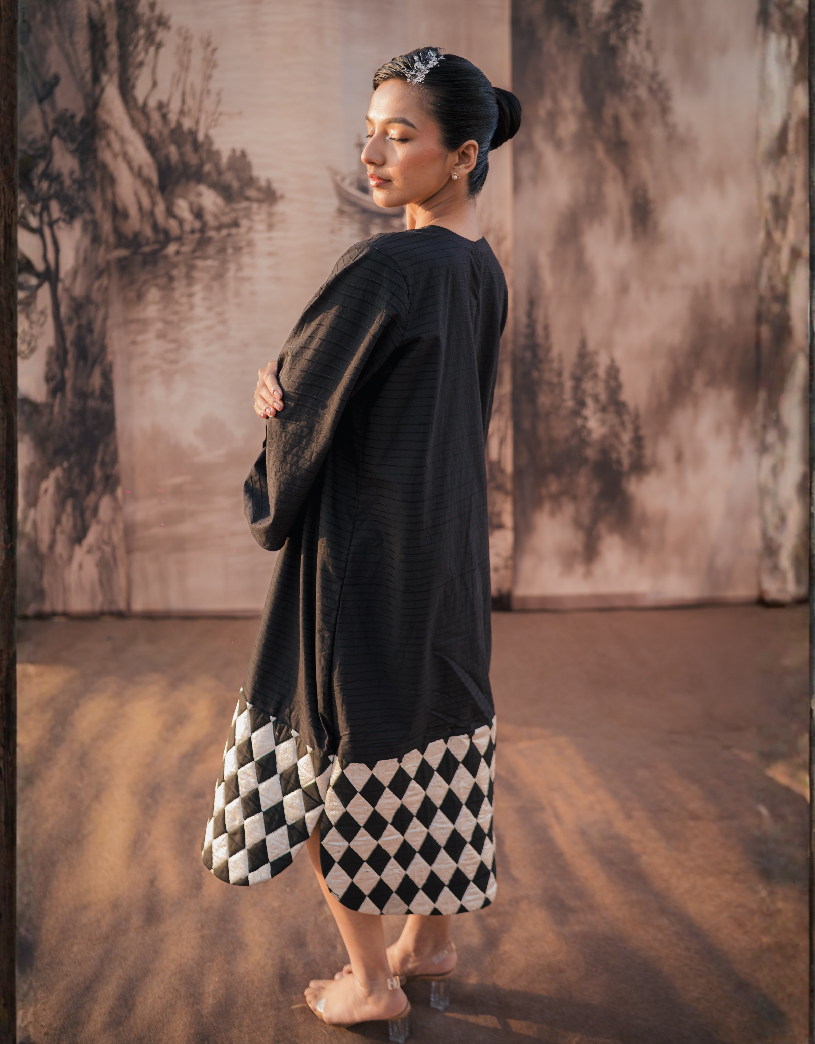 Charcoal Black Embroidery & Silver Printed Cotton Dress
