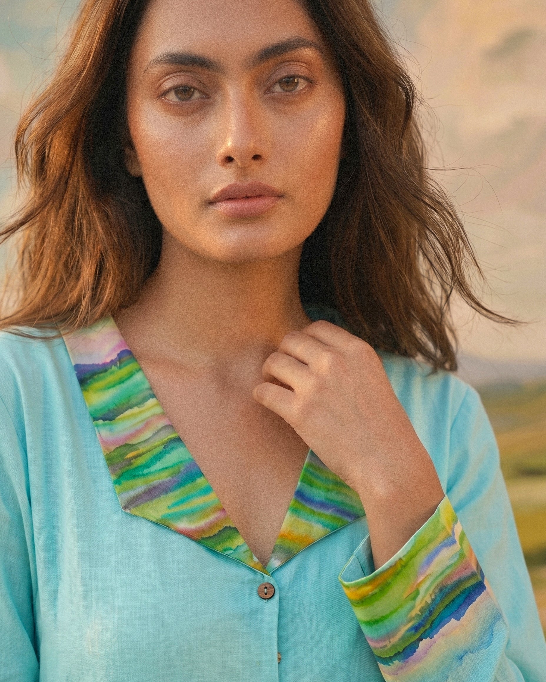 Aqua Handpainted Collar Dress in Cotton