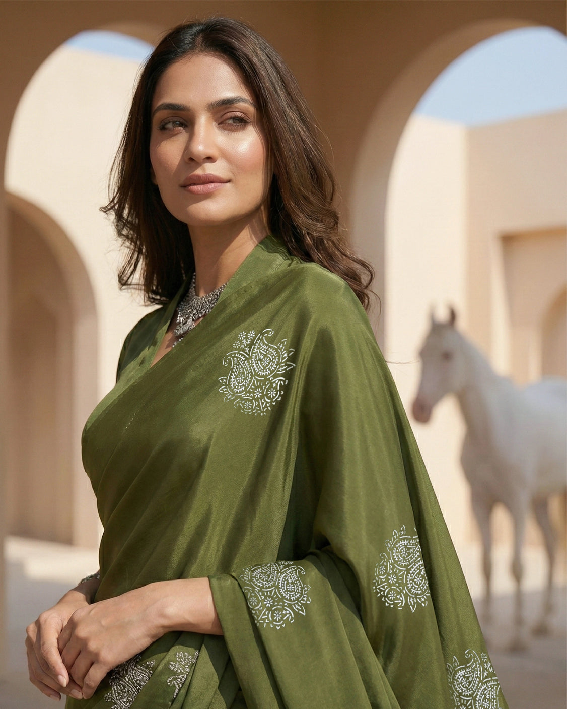 Sage Real Silver in Organic Crepe Saree