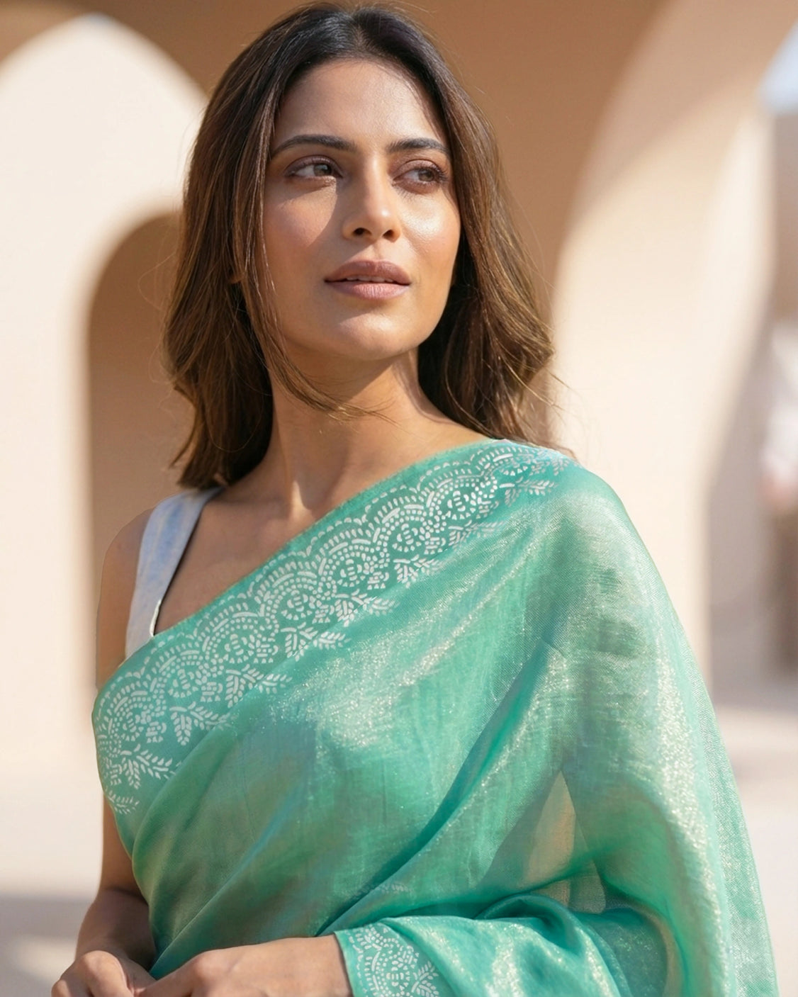 Soft Aqua Real Silver Saree in Tissue Silk
