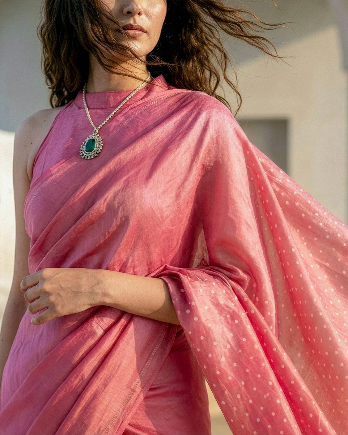 Blush Polka Dot Real Silver Silk Saree