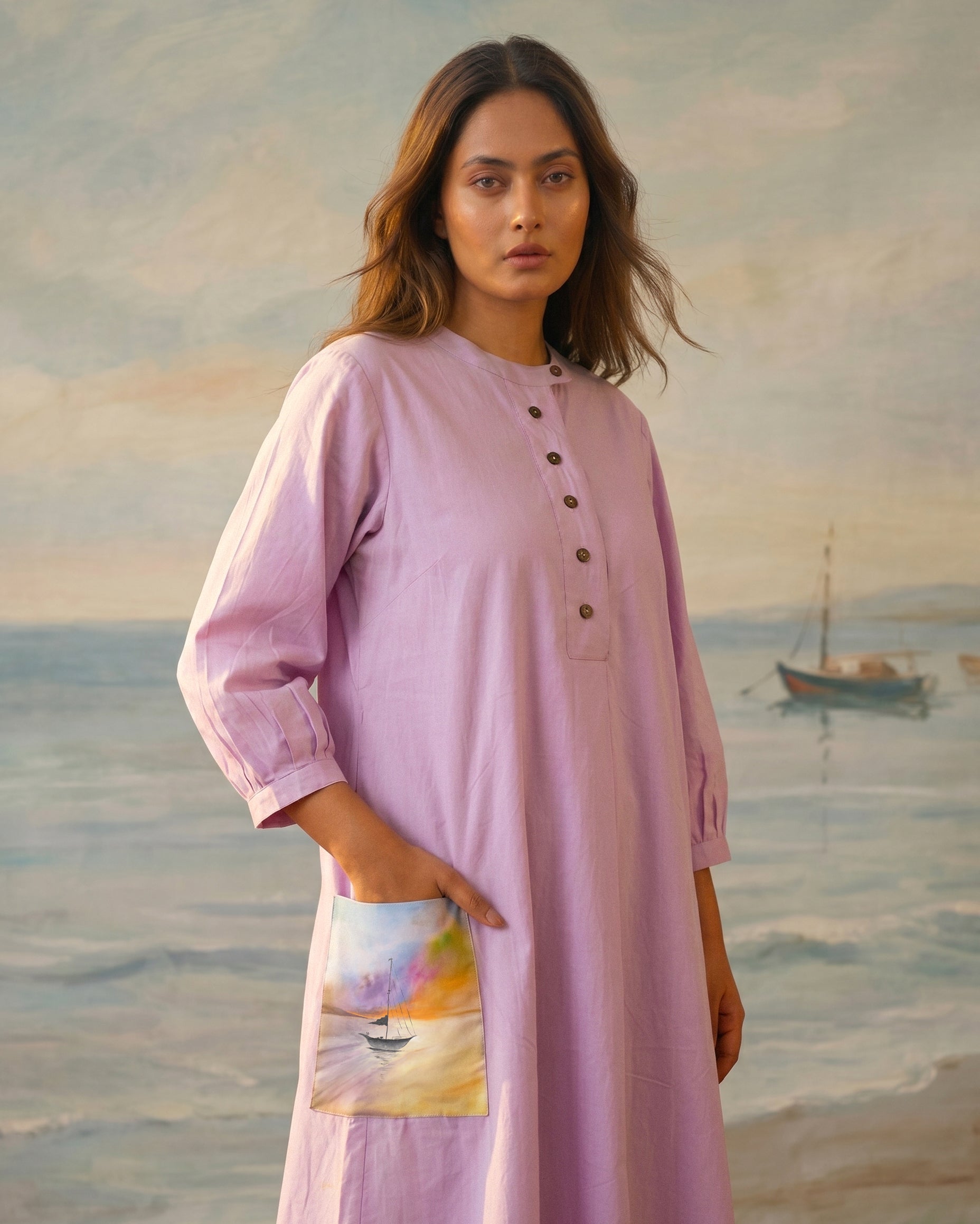 Lilac Cotton Handpainted Pocket Dress