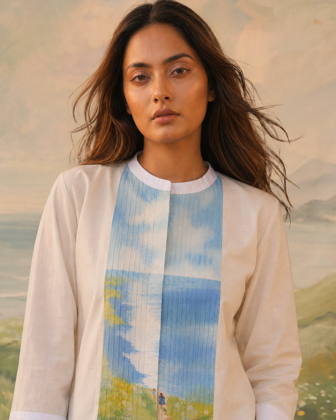 Beige Scenic Handpainted Pin tucks Cotton Shirt