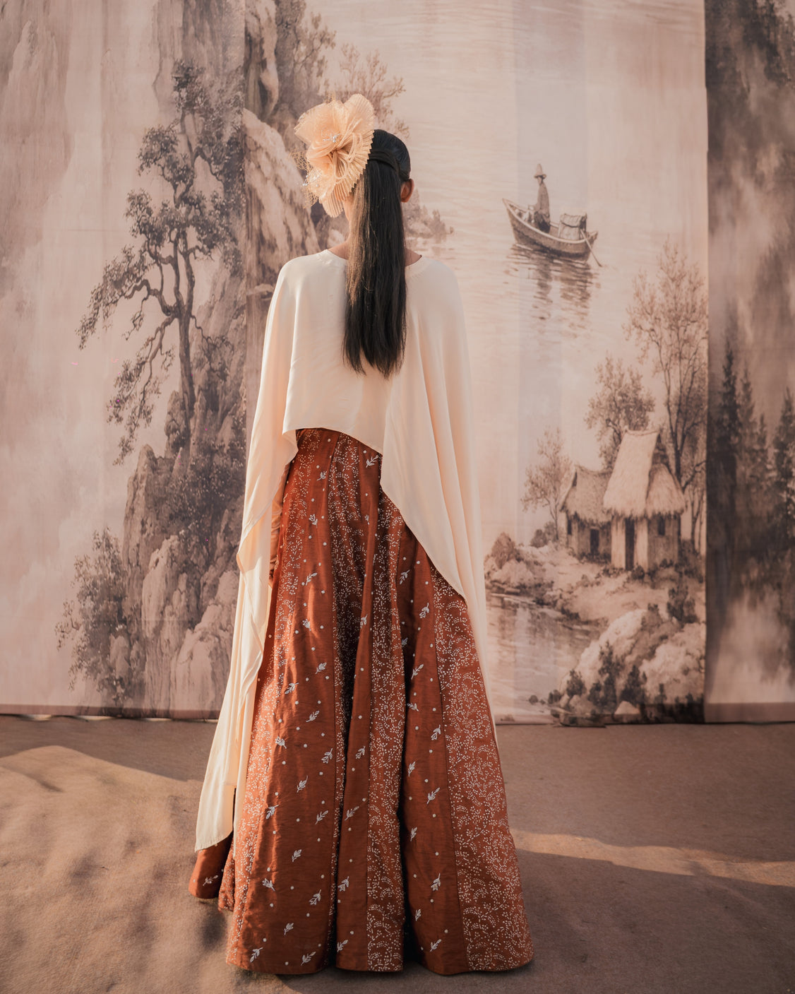 Chocolate Beige Silver Printed & Embroidery Skirt & Cape