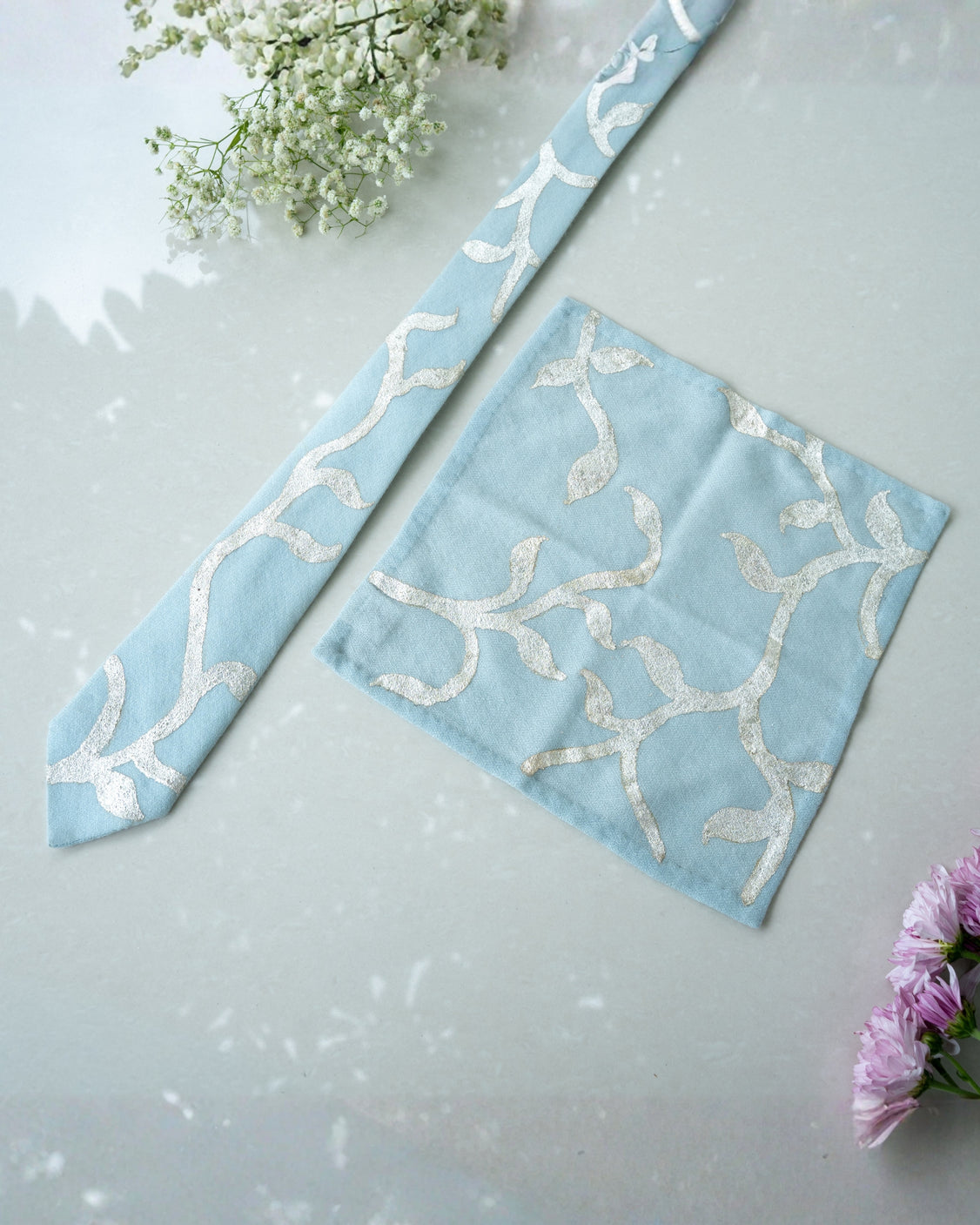Sky Blue Real Silver Printed Tie & Pocket Square Set