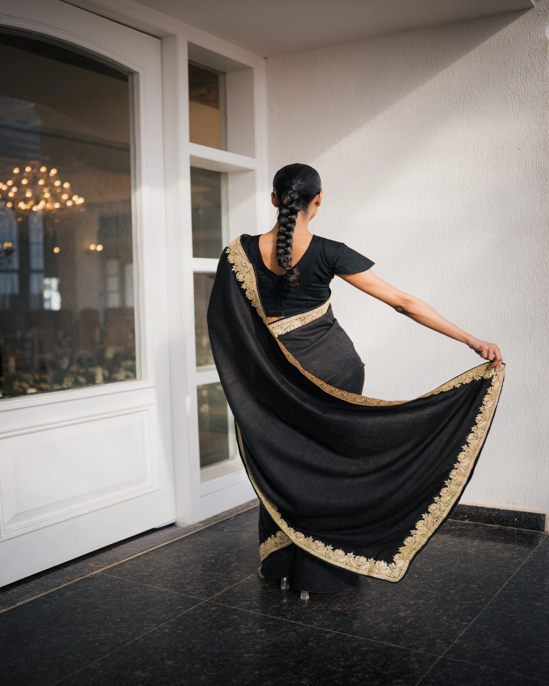 Ochre Black Reversible Embroidery & Handpainted Pashmina Saree