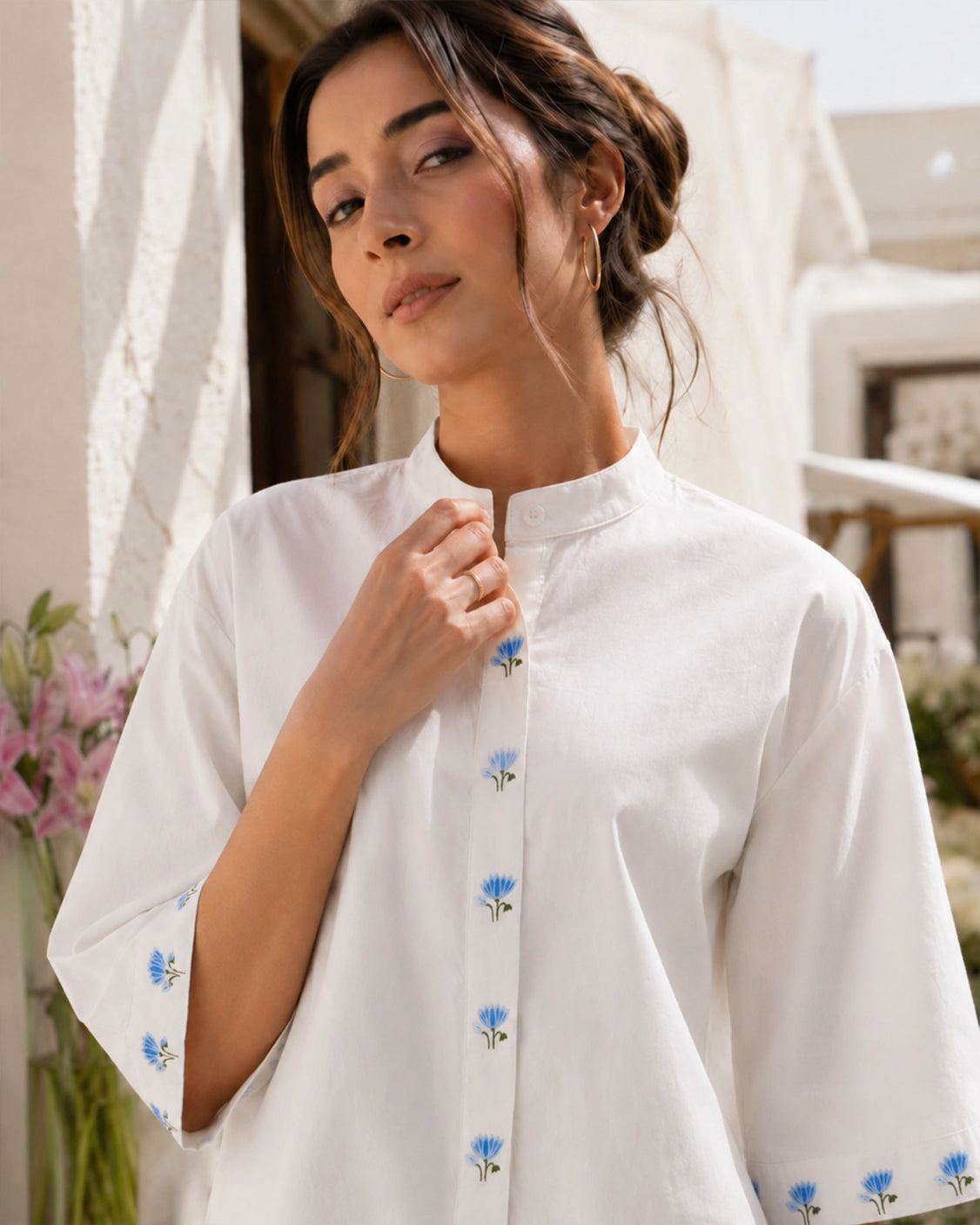 Ivory Blue Lotus Handpainted Cotton Shirt With Band Neck
