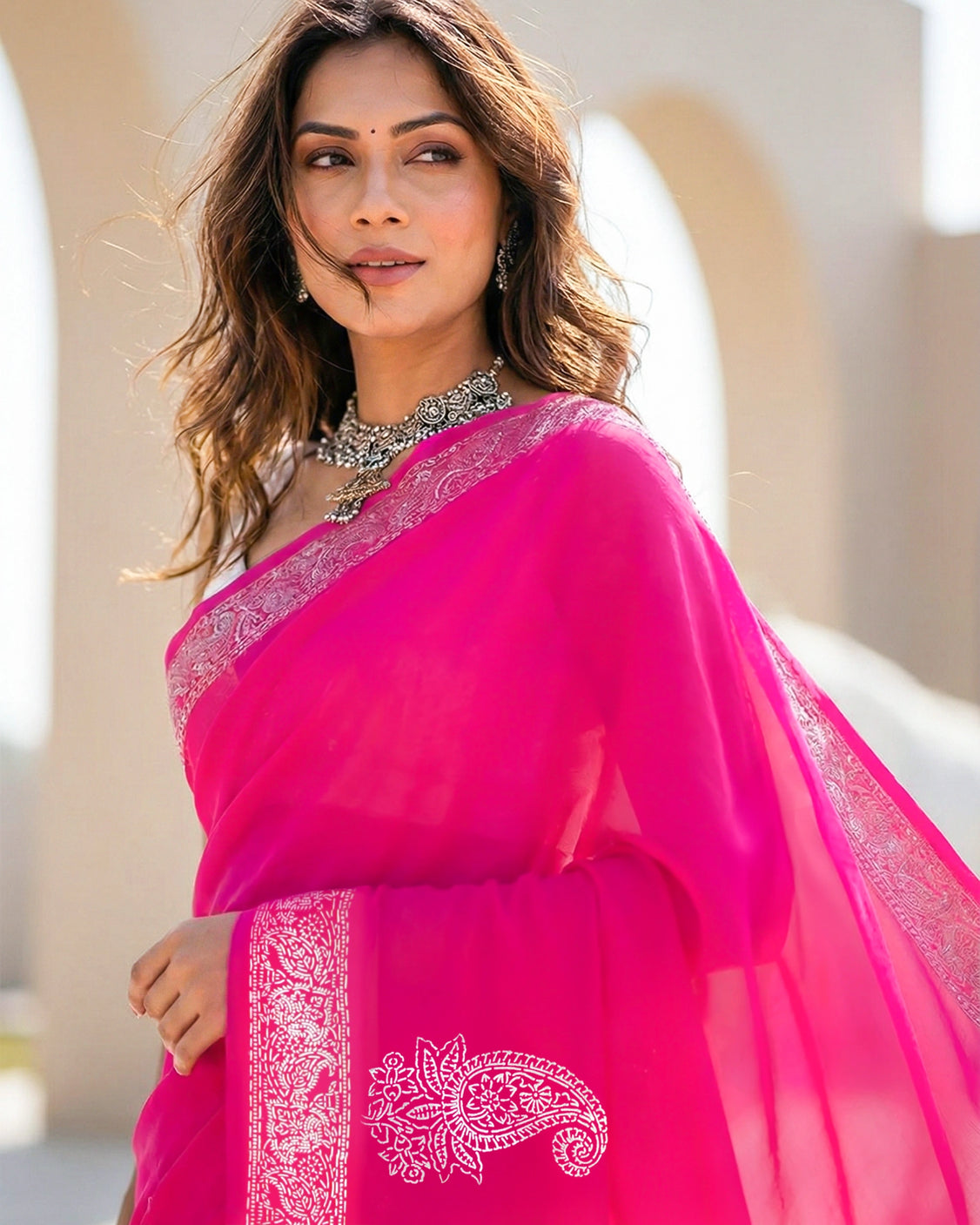 Rose Real Silver in Organic Crepe Saree