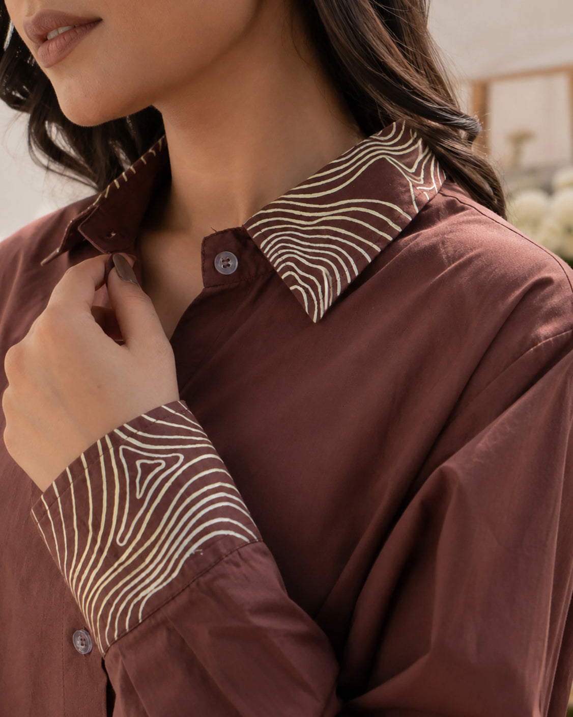 Mocha Wave Handpainted Oversized Cotton Shirt
