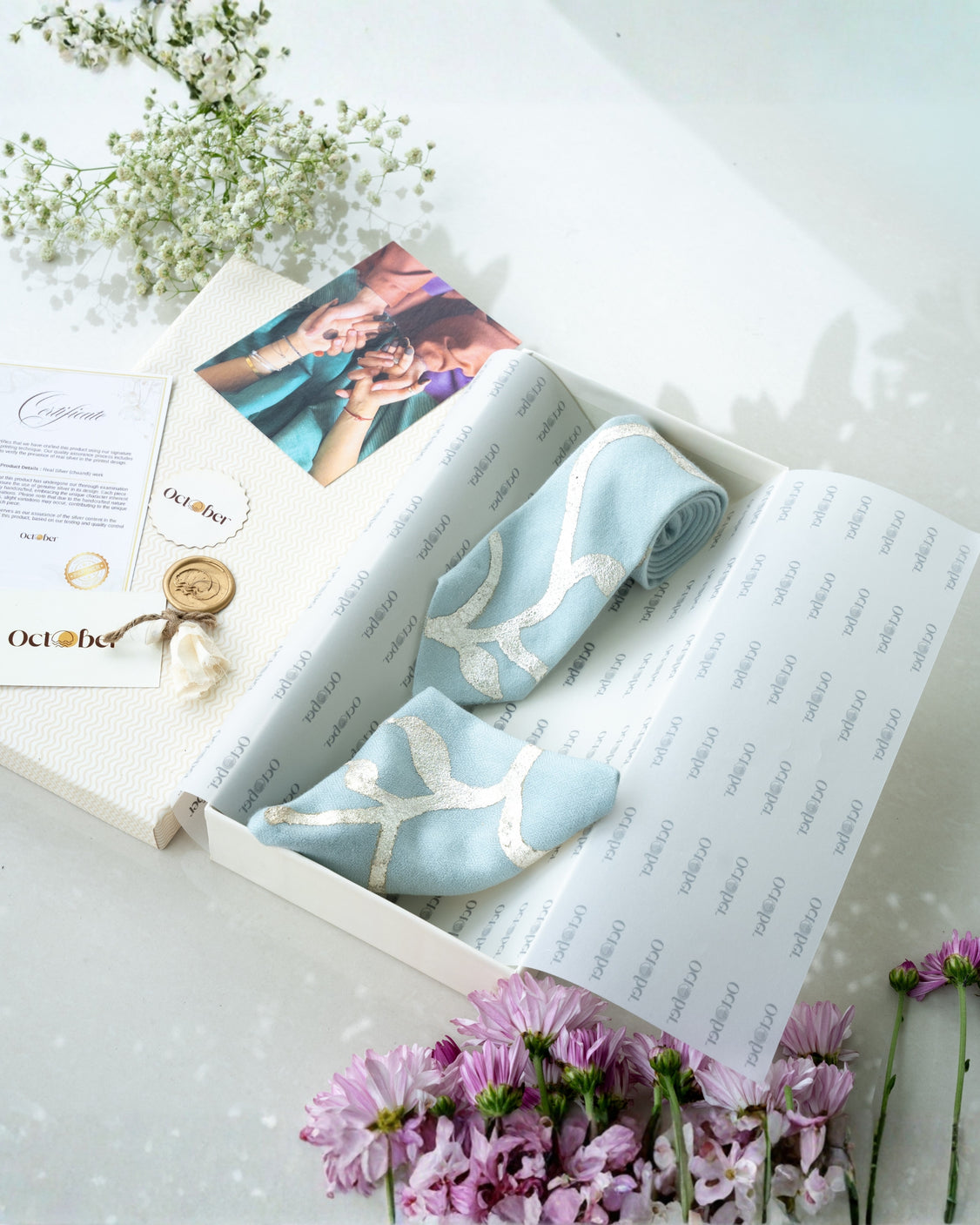 Sky Blue Real Silver Printed Tie & Pocket Square Set