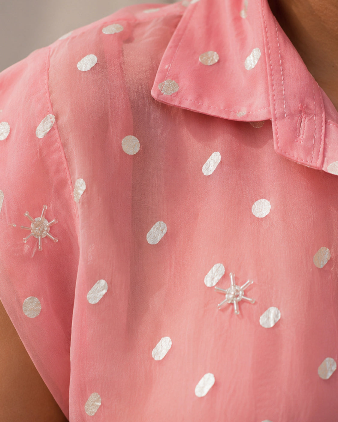 Blush Silver Printed Embroidery Organza Shirt