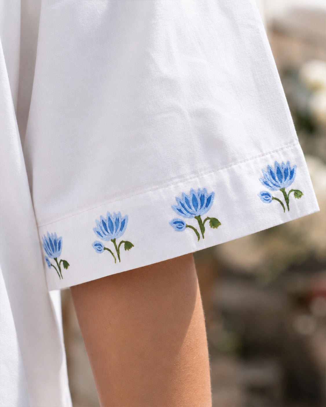 Ivory Blue Lotus Handpainted Cotton Shirt With Band Neck