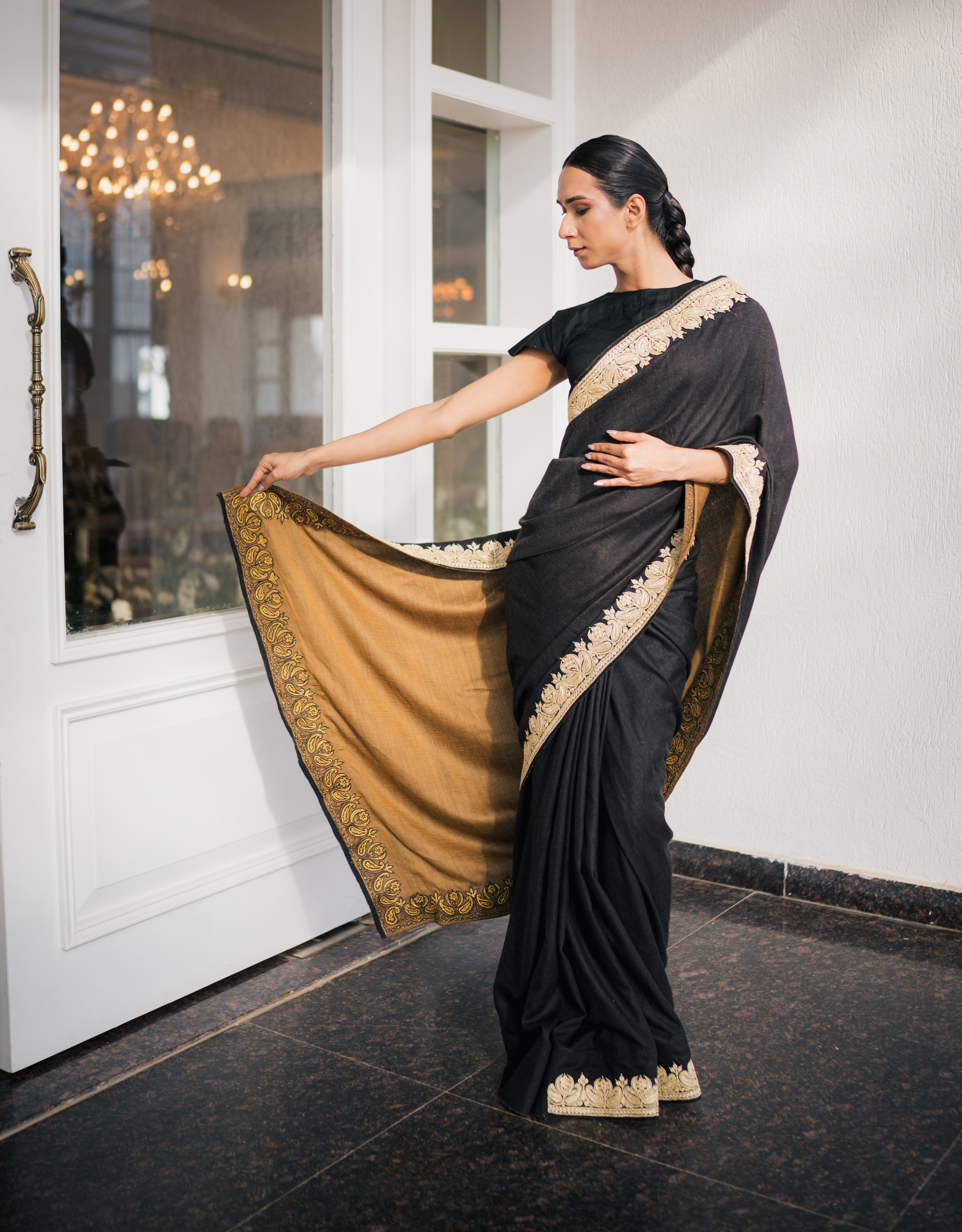 Ochre Black Reversible Embroidery & Handpainted Pashmina Saree