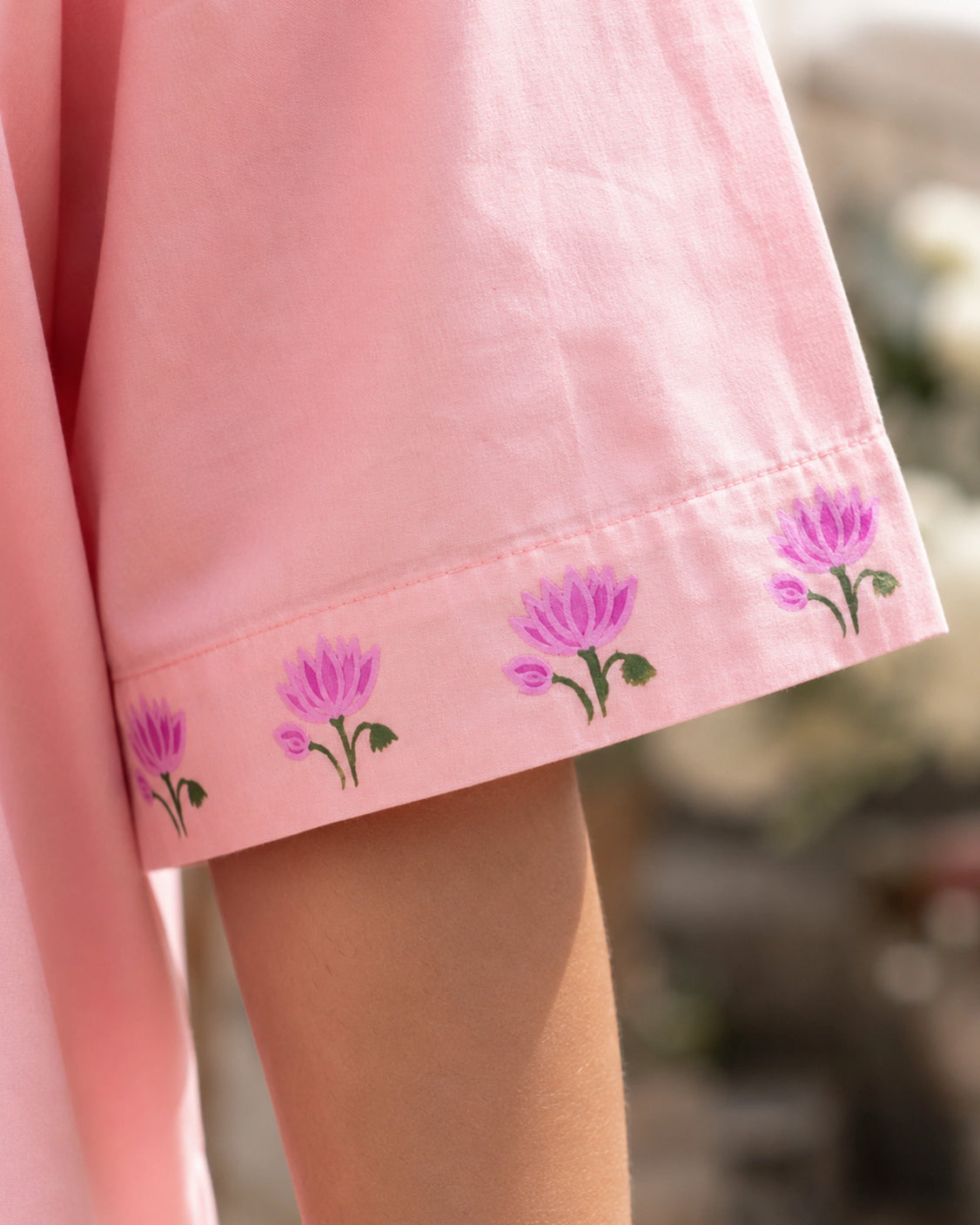 Blush Lotus Handpainted Cotton Shirt With Band Neck Collar