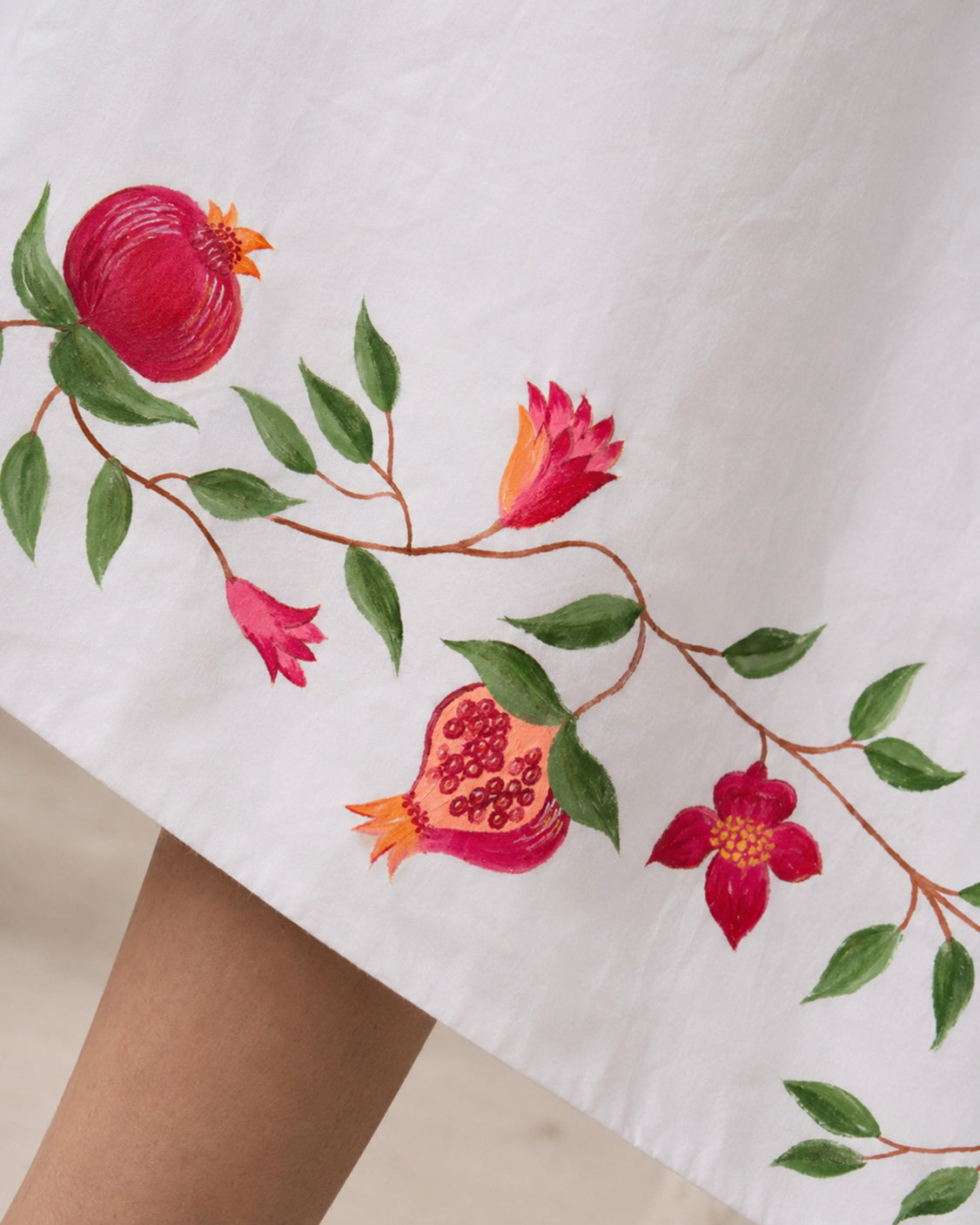 Ivory Pomegranate Hem Handpainted Cotton Dress