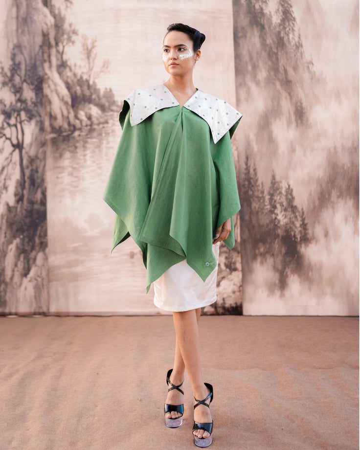 Fern Silver Printed Asymmetrical Cape