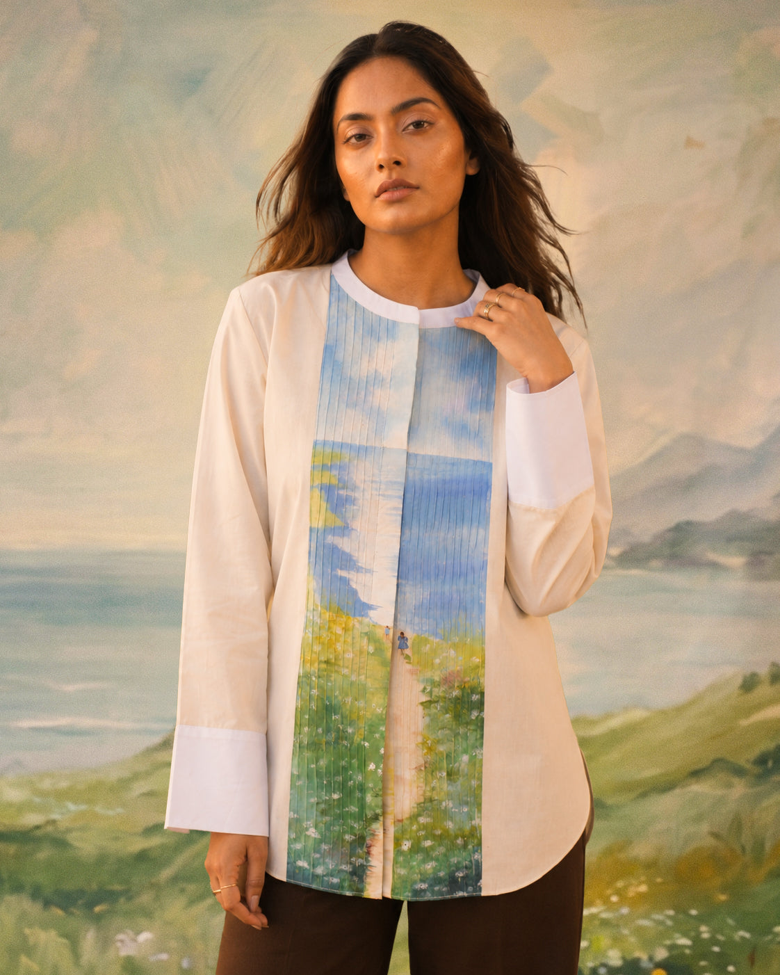 Beige Scenic Handpainted Pin tucks Cotton Shirt
