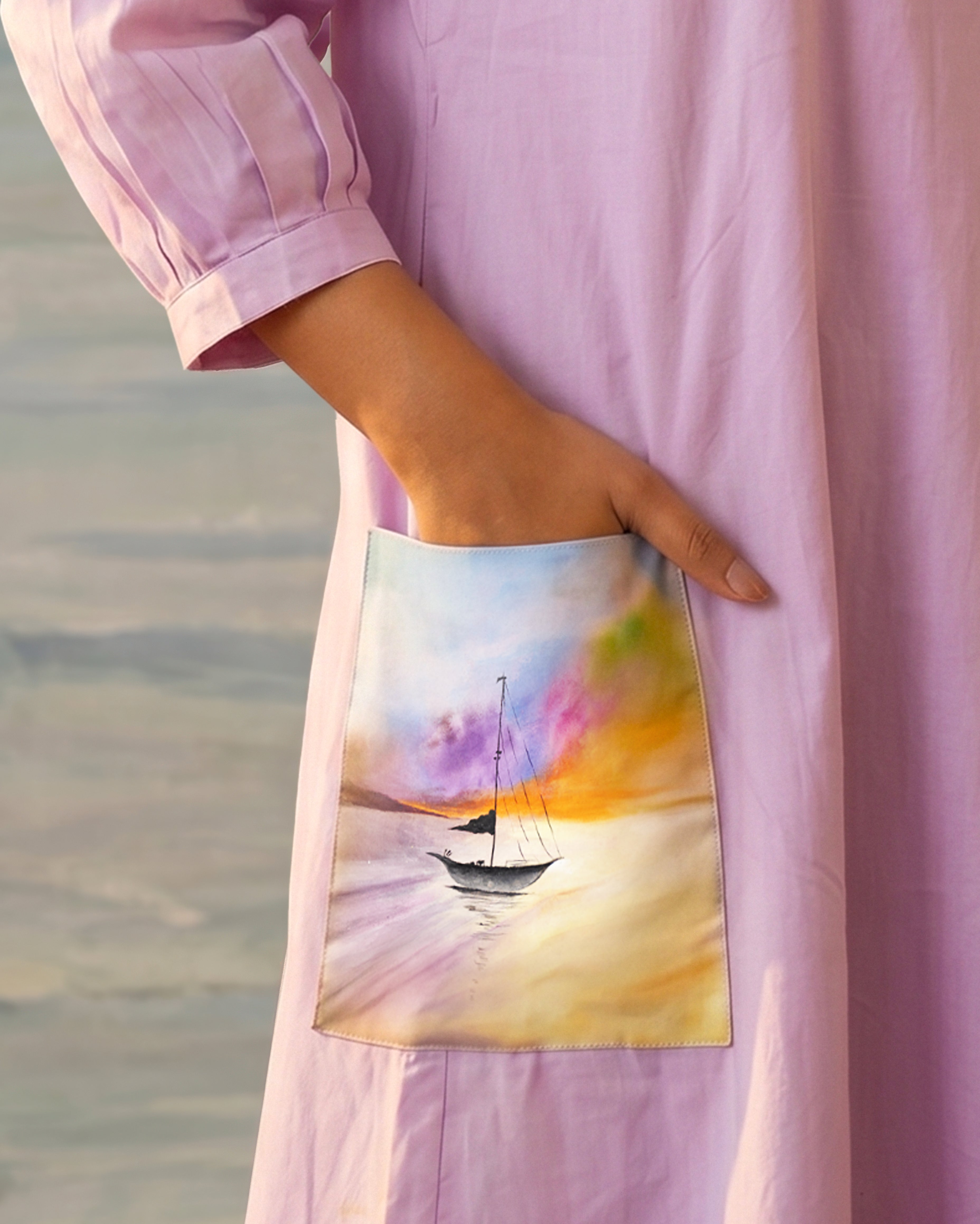 Lilac Cotton Handpainted Pocket Dress