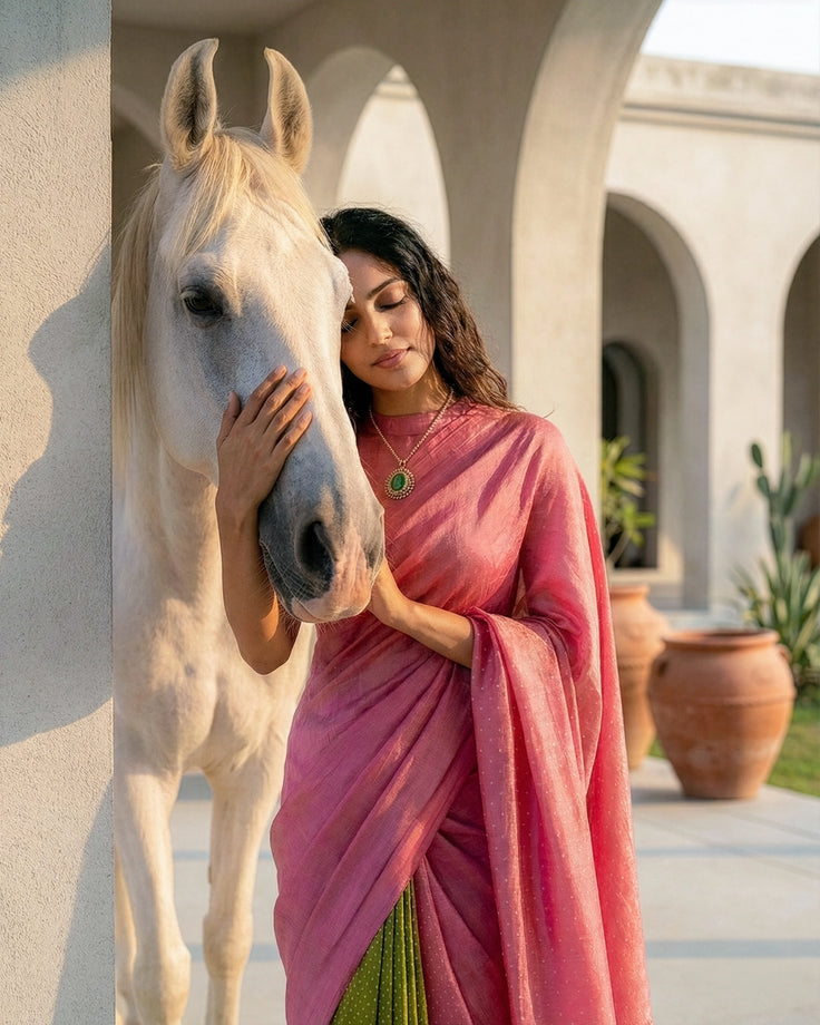 Blush Polka Dot Real Silver Silk Saree