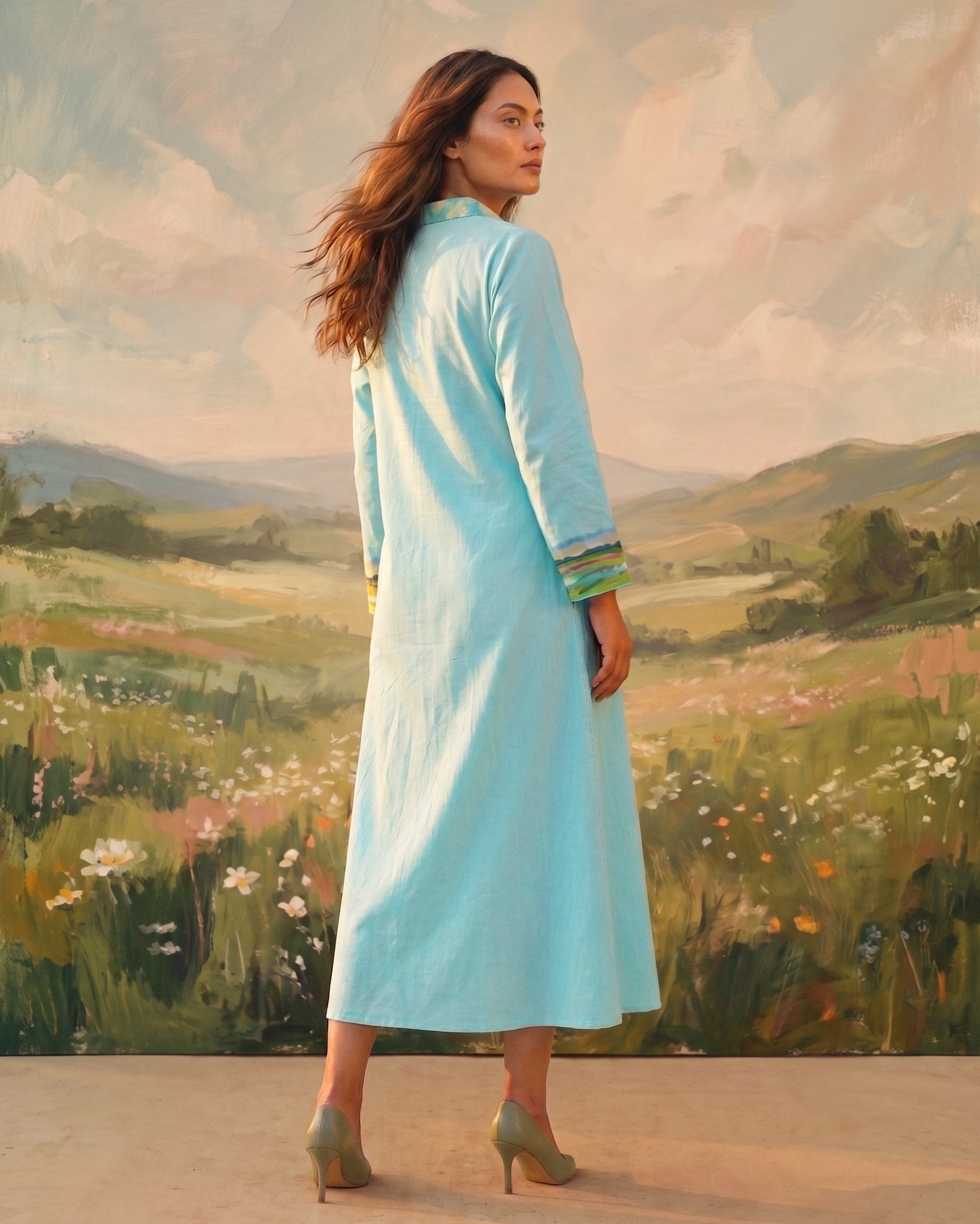 Aqua Handpainted Collar Dress in Cotton