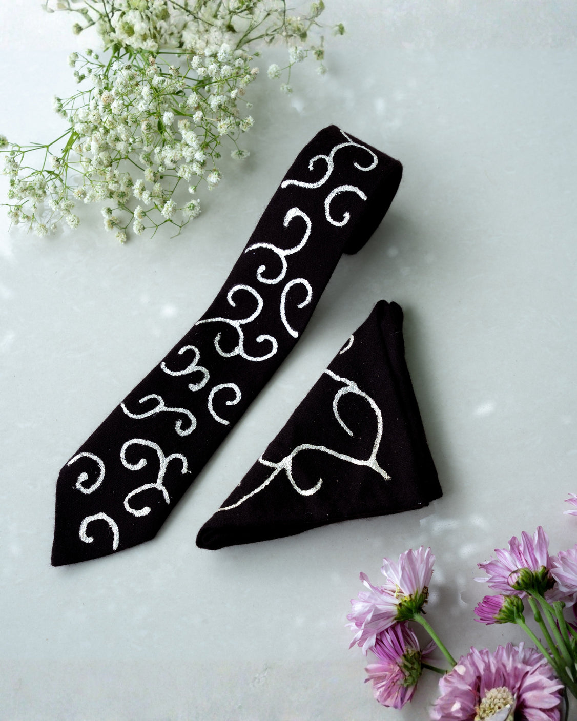 Brown Pure Pashmina Silver Printed Tie & Pocket Square Set
