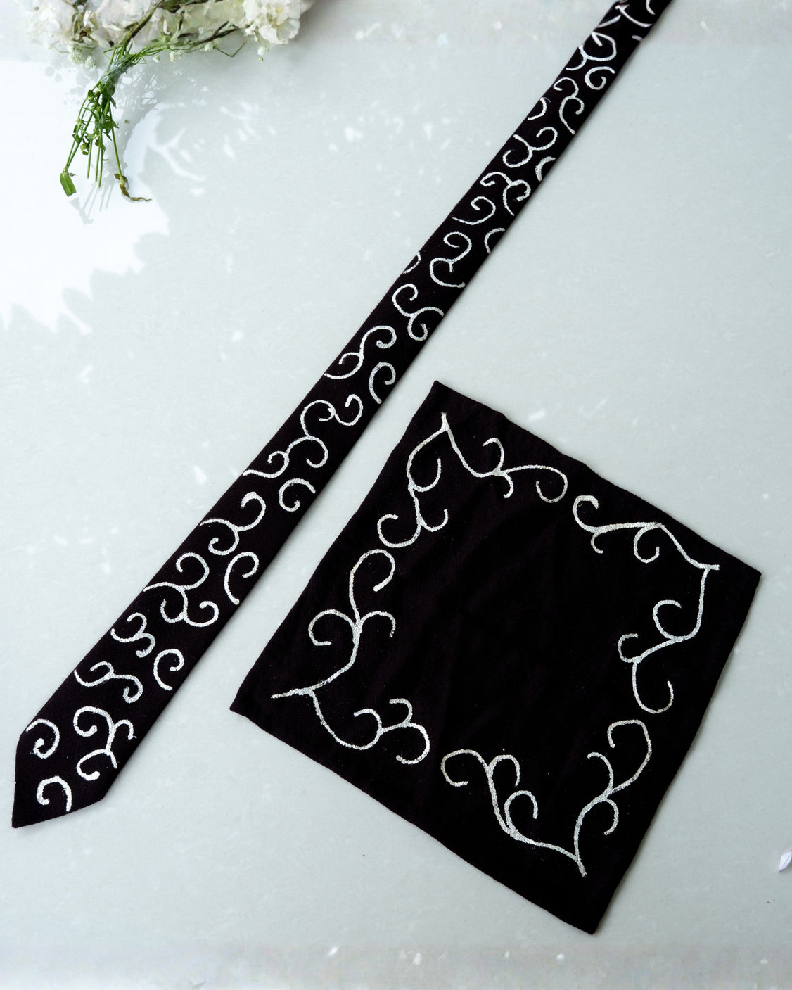 Brown Pure Pashmina Silver Printed Tie & Pocket Square Set